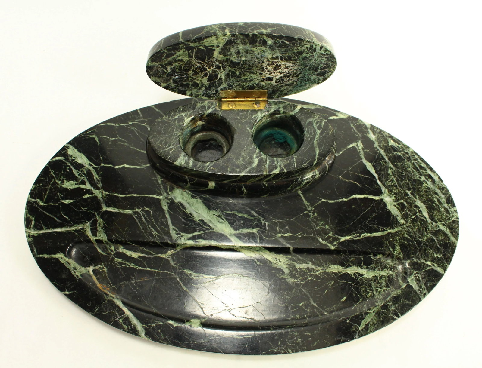 1900's Art Deco Oval Desk Inkwell Black Marble with Green Strikes - 2