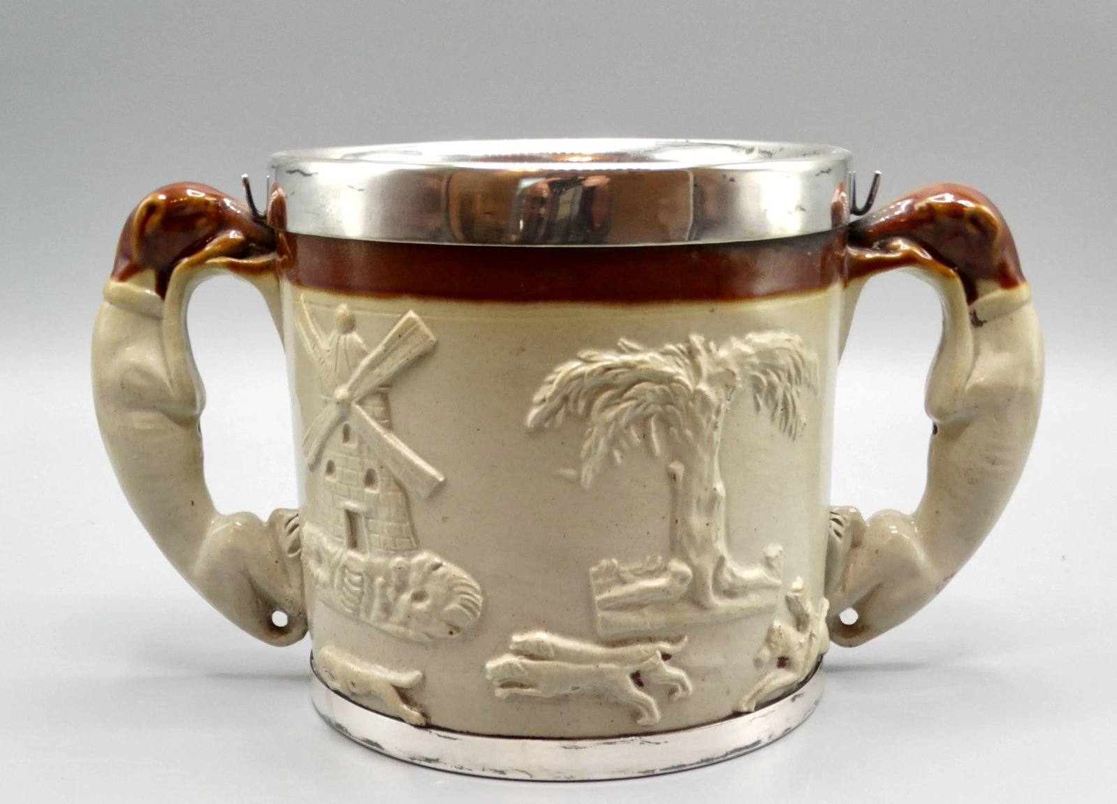 19th-C English Traditional Salt Glazed With Silver Collar & Whippet Dog Loving Cup / Vessel - 2