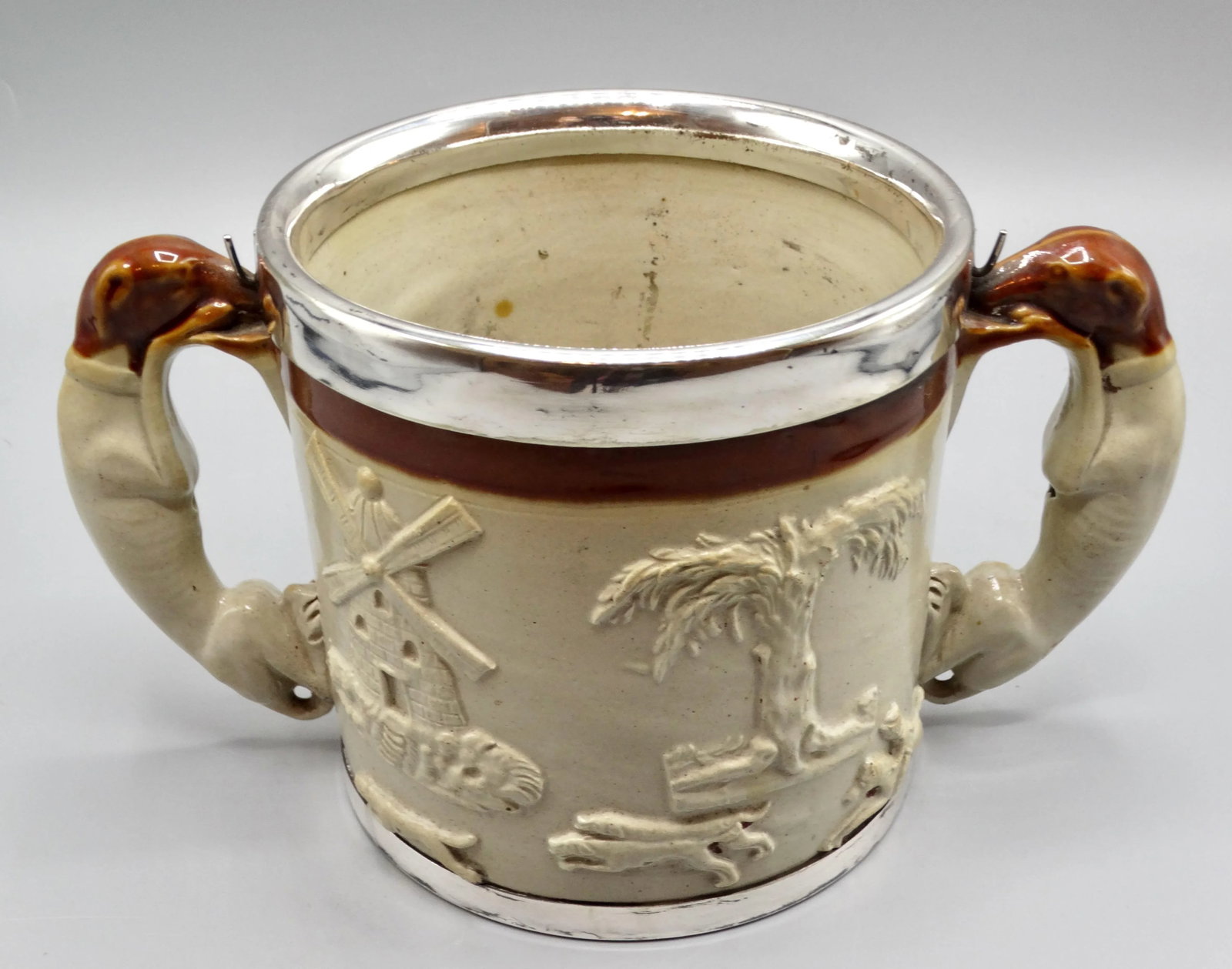 19th-C English Traditional Salt Glazed With Silver Collar & Whippet Dog Loving Cup / Vessel - 3