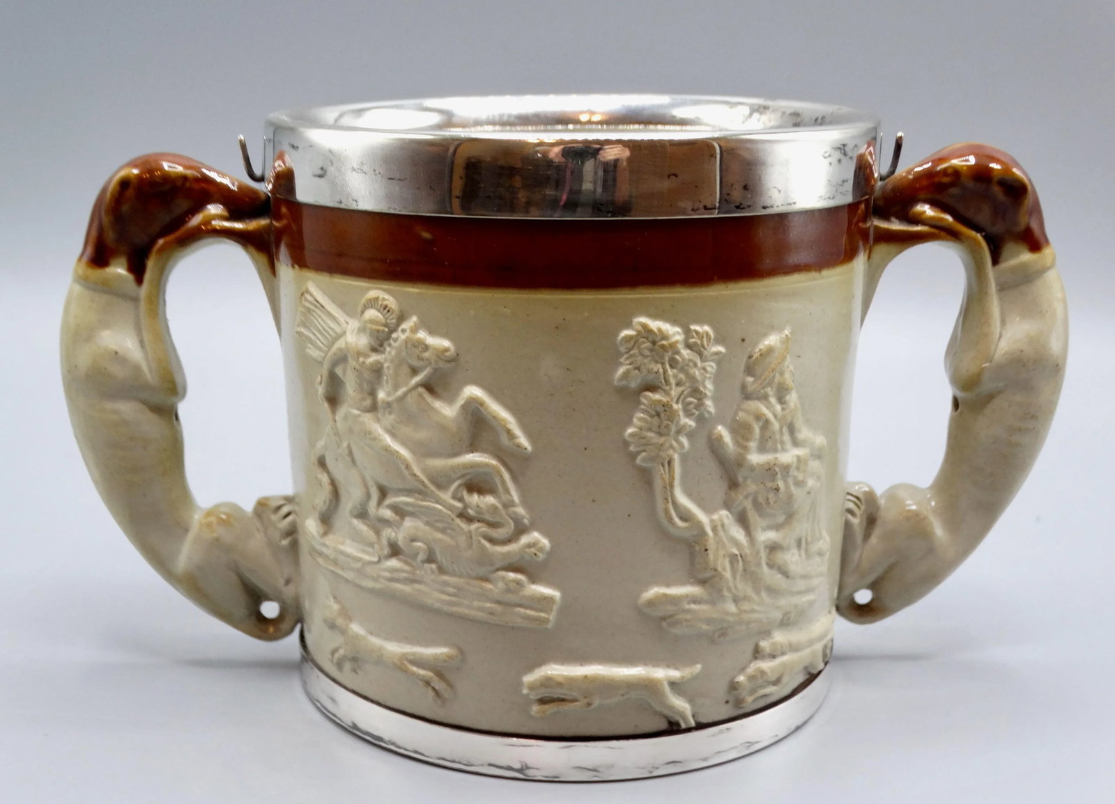 19th-C English Traditional Salt Glazed With Silver Collar & Whippet Dog Loving Cup / Vessel - 5