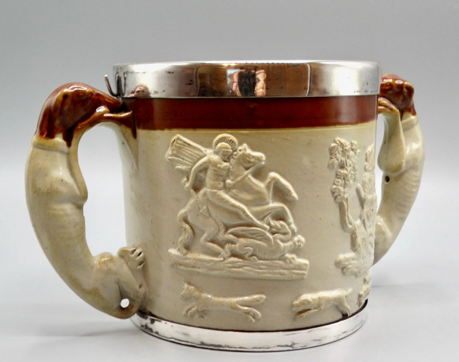 19th-C English Traditional Salt Glazed With Silver Collar & Whippet Dog Loving Cup / Vessel - 6