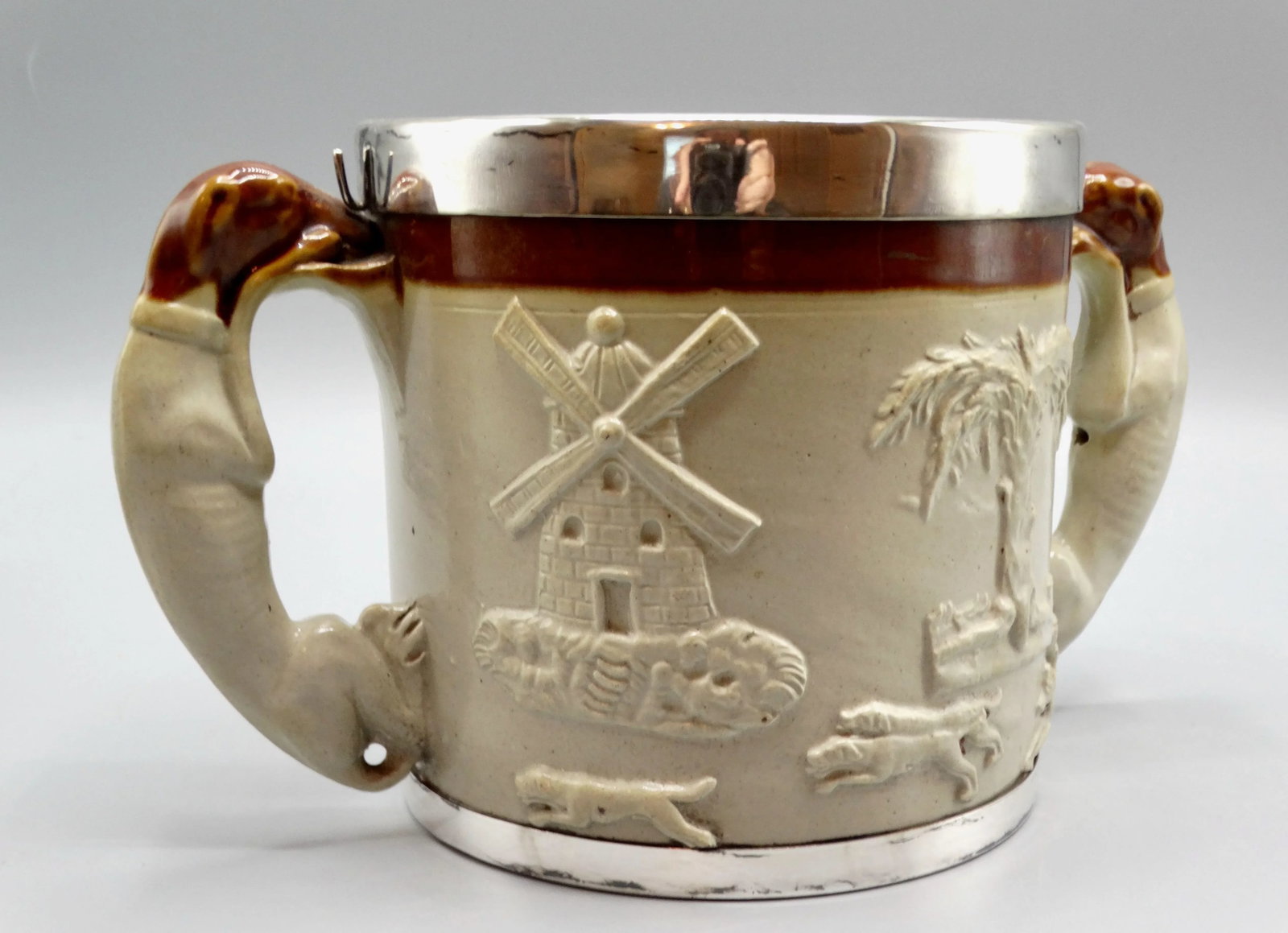 19th-C English Traditional Salt Glazed With Silver Collar & Whippet Dog Loving Cup / Vessel - 7
