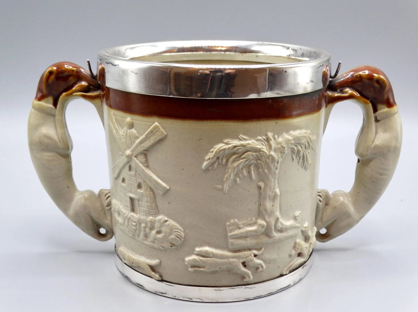 19th-C English Traditional Salt Glazed With Silver Collar & Whippet Dog Loving Cup / Vessel - 8