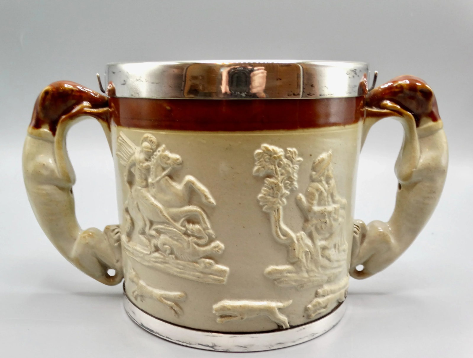 19th-C English Traditional Salt Glazed With Silver Collar & Whippet Dog Loving Cup / Vessel - 9