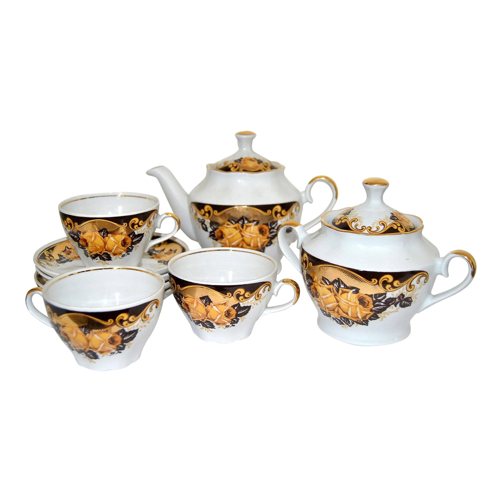 Napoleon III-Style Porcelain Tea Set With Gilded Roses From Peterhof Palace-9 Pieces: A beautiful Golden gilt tea set with 22k gold detailing in the Napoleon III-style of Peterhof Palace (Petrodvoretz)-St. Petersburg. The Imperial Porcelain Factory was founded in 1744 by Empress