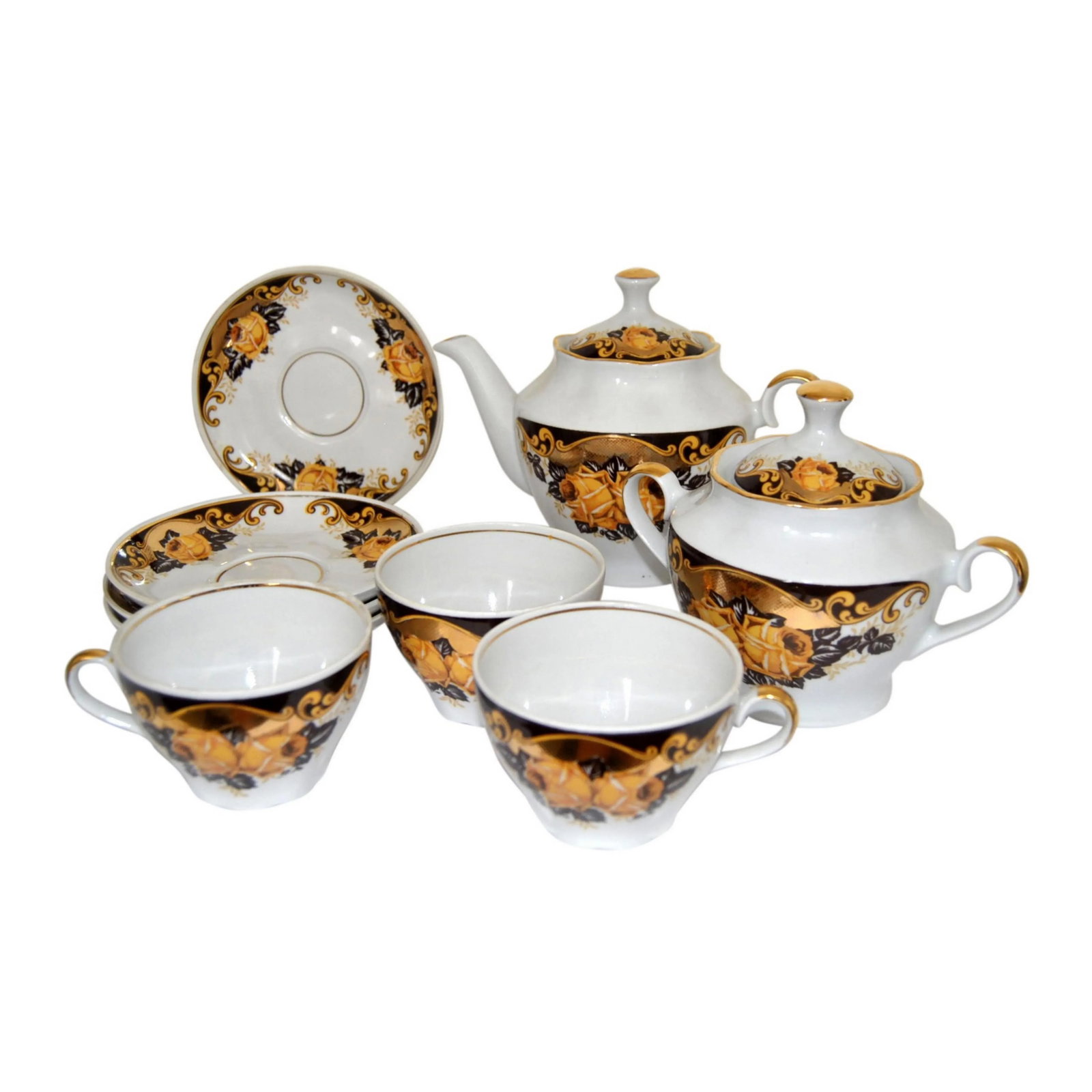 Napoleon III-Style Porcelain Tea Set With Gilded Roses From Peterhof Palace-9 Pieces - 2