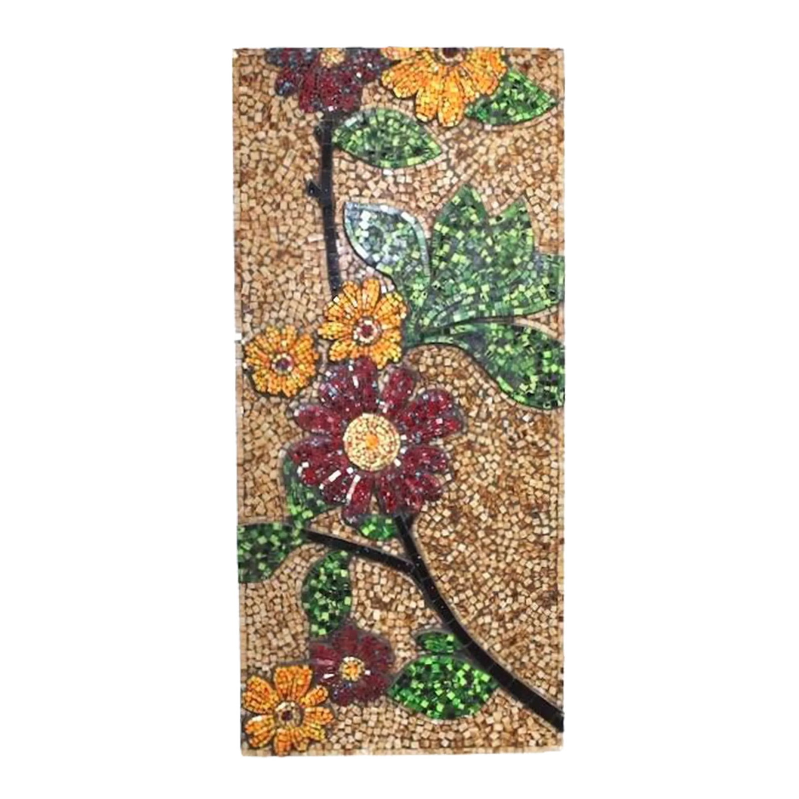 Large Vintage Glass Mosaic Wall Art: Fine micro mosaic art glass floral design hanging wood panel. Hand-crafted colorful flower design in red, gold yellow, green Dimensions: 47.5 inch H x 22.25 inch W x 2 inch D. Condition: Good, several