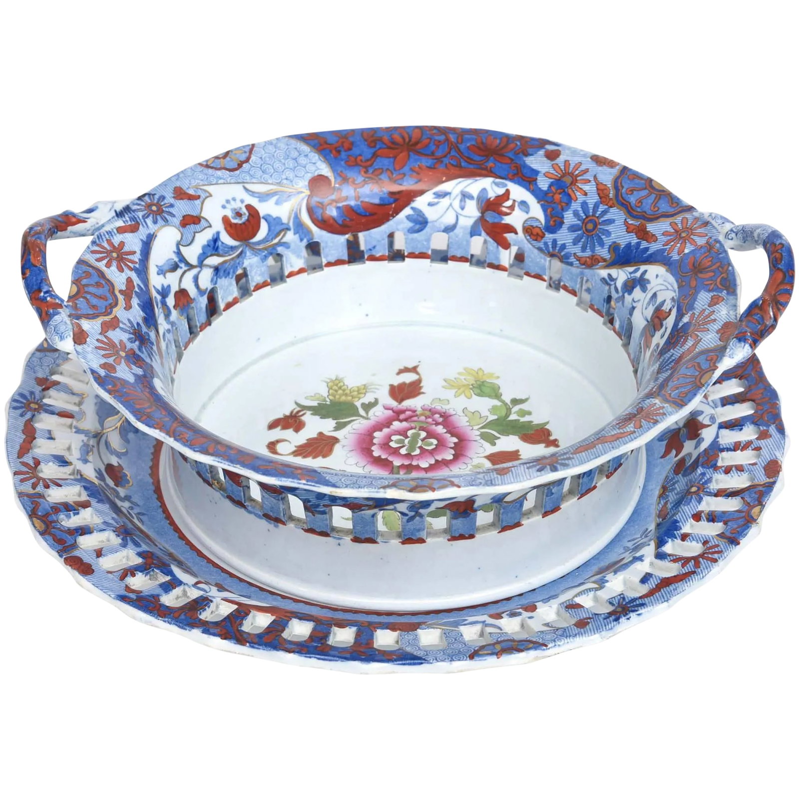 Antique English Chestnut Basket or Centerpiece and Underplate, Spode, Circa 1820 (1 of 11)