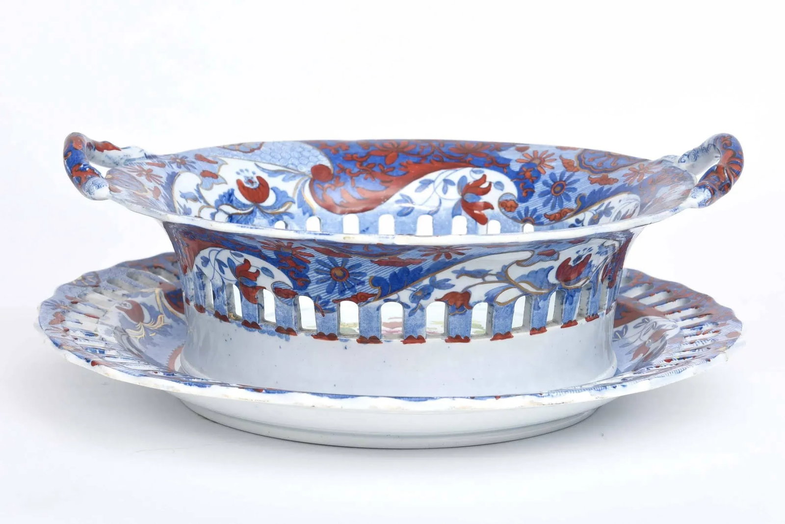 Antique English Chestnut Basket or Centerpiece and Underplate, Spode, Circa 1820 - 2
