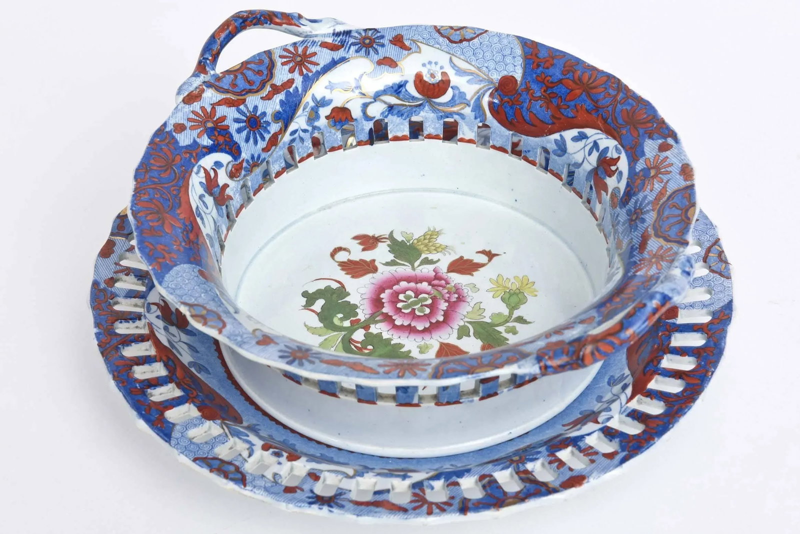 Antique English Chestnut Basket or Centerpiece and Underplate, Spode, Circa 1820 - 3