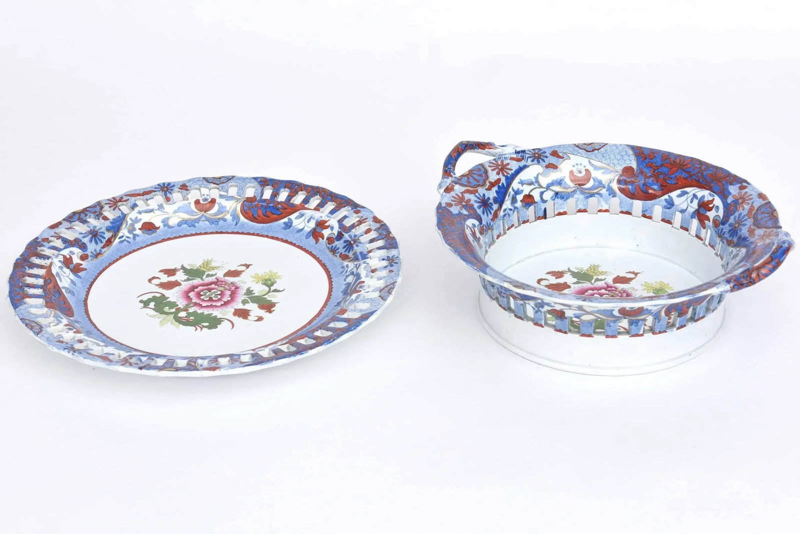 Antique English Chestnut Basket or Centerpiece and Underplate, Spode, Circa 1820 - 4