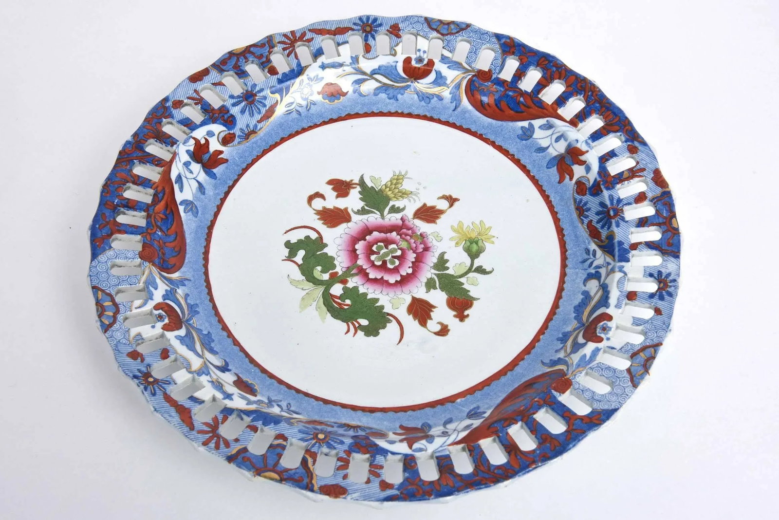 Antique English Chestnut Basket or Centerpiece and Underplate, Spode, Circa 1820 - 6