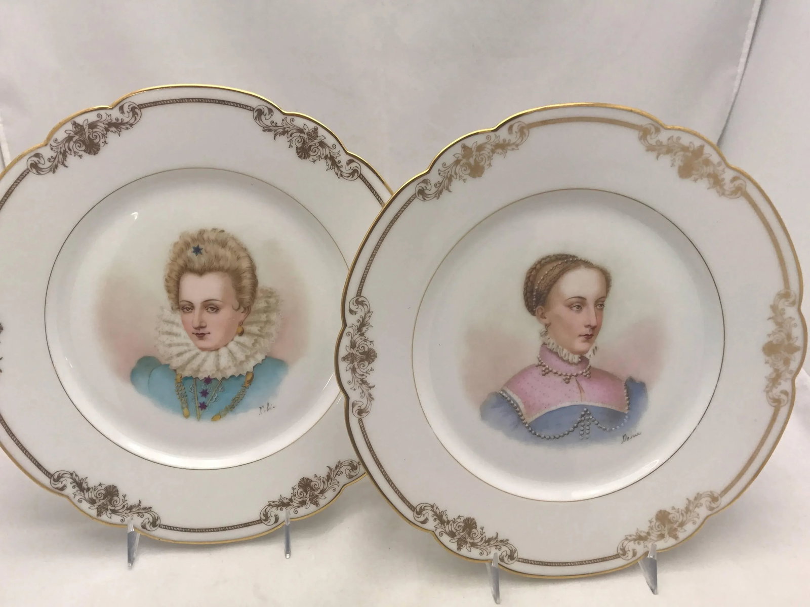 Antique Sevres France Portrait Plates, Hand-Painted Artist Signed - a Pair - 2