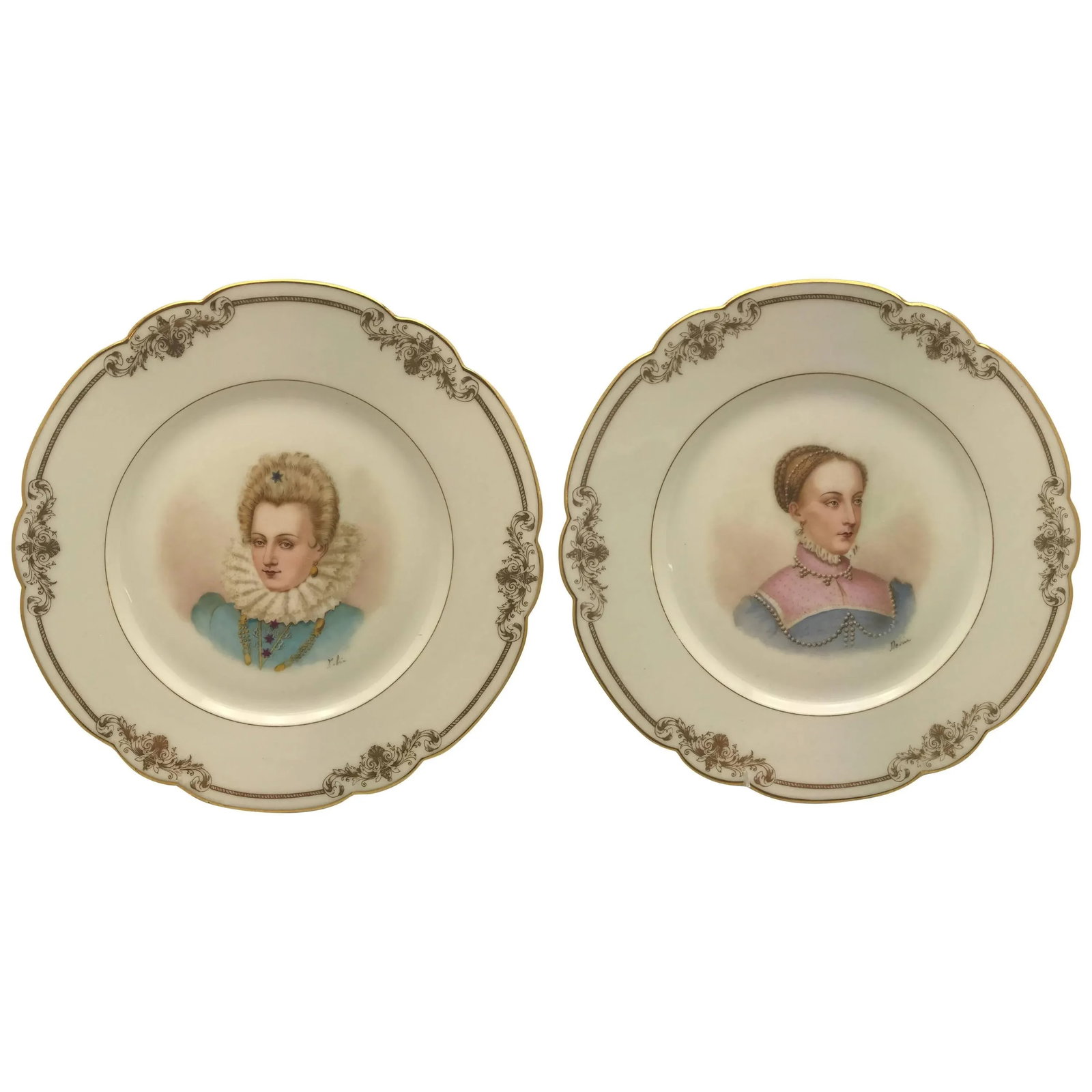 Antique Sevres France Portrait Plates, Hand-Painted Artist Signed - a Pair - 8