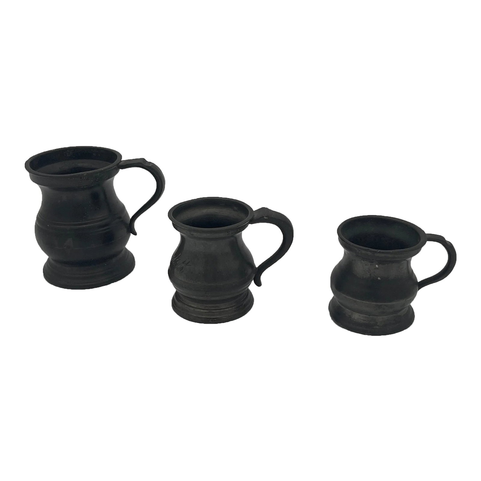 Mid 19th Century Early Pewter Graduated Measures - Set of 3: Set of 3 Early Victorian English graduated pewter measuring cups, tankards or mugs featuring a baluster or bellied form with handles and ribbing. These were used in pubs and bars and are marked with