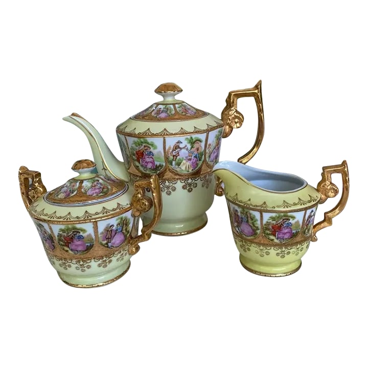 1950s Royal Vienna by Arnart "Love Story" Collection - Tea/Coffee Serving Set, Hand Painted, Courtin: The Set has an Arnart Imports mark from Royal Vienna, and it is an Arnart reproduction of the Royal Vienna style. Arnart Imports Company is associated with mid-20th-century ceramics in the United