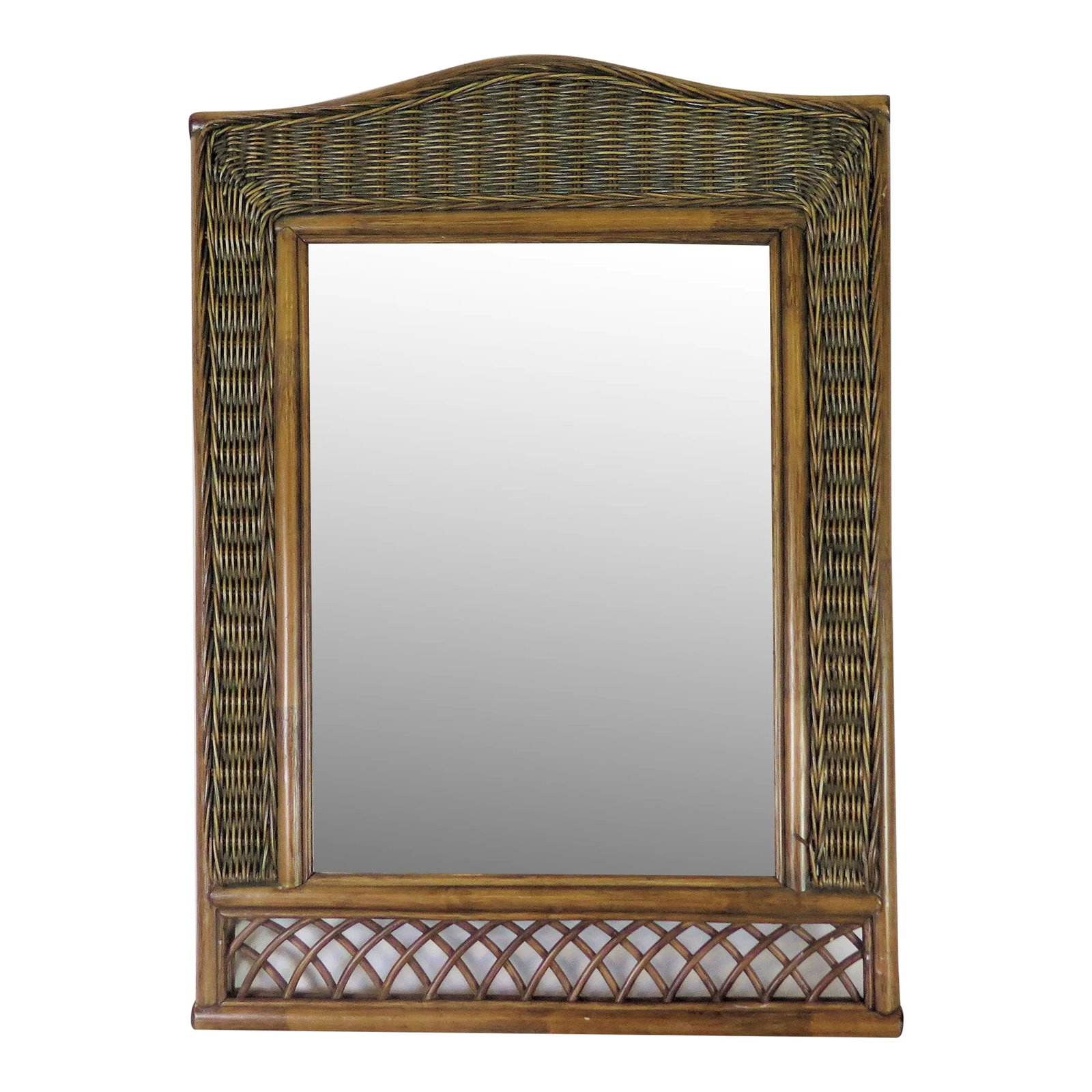 Vintage Woven Basket Weave Style Bamboo Wall Mirror: I love the top of the "bow" frame that's part of the bamboo housing for the rest of the frame. The bottom of the frame has a "basket weave" motif. The frame is entirely hand crafted and is from the 19