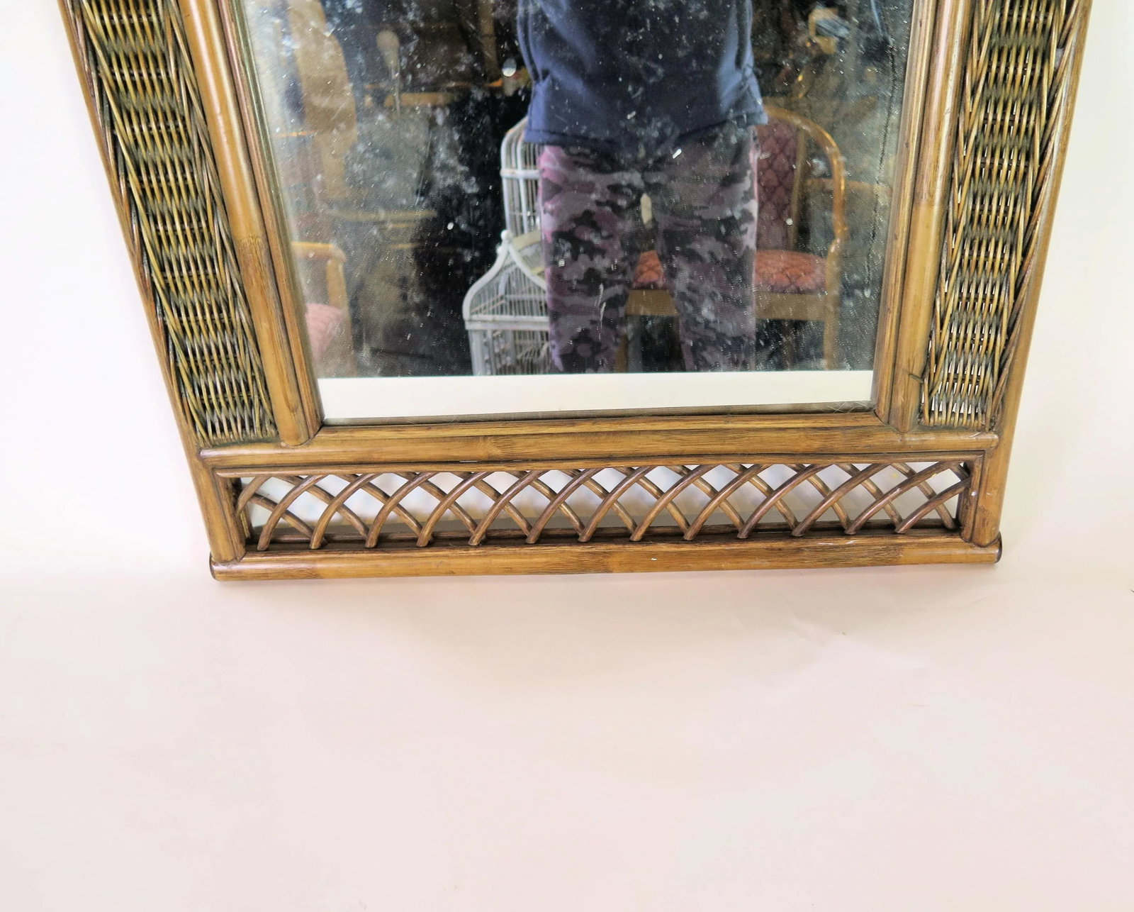 Vintage Woven Basket Weave Style Bamboo Wall Mirror - 3