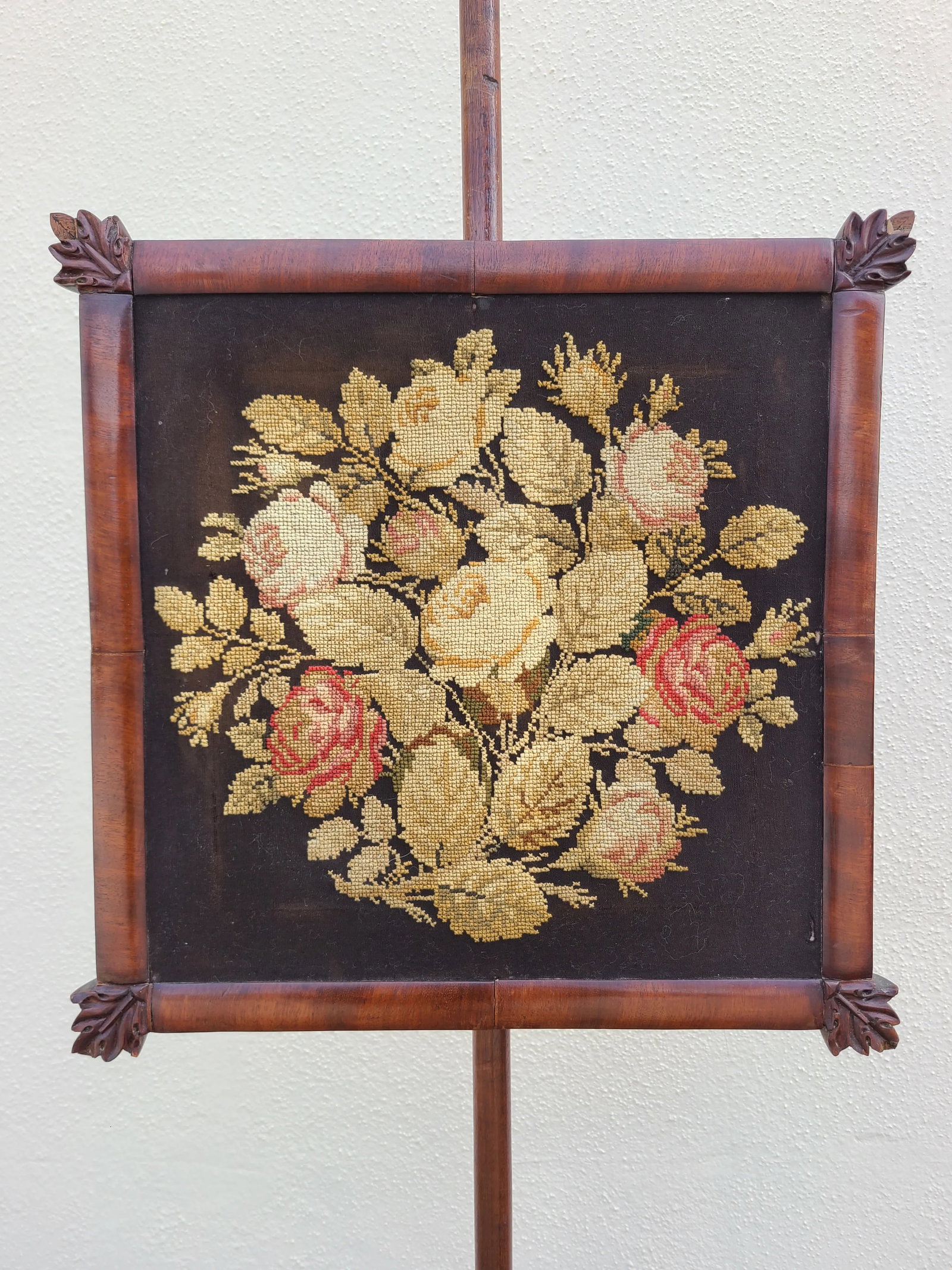 Antique Adjustable Wooden Needlepoint Decorative Fireplace Fire Screen - 7