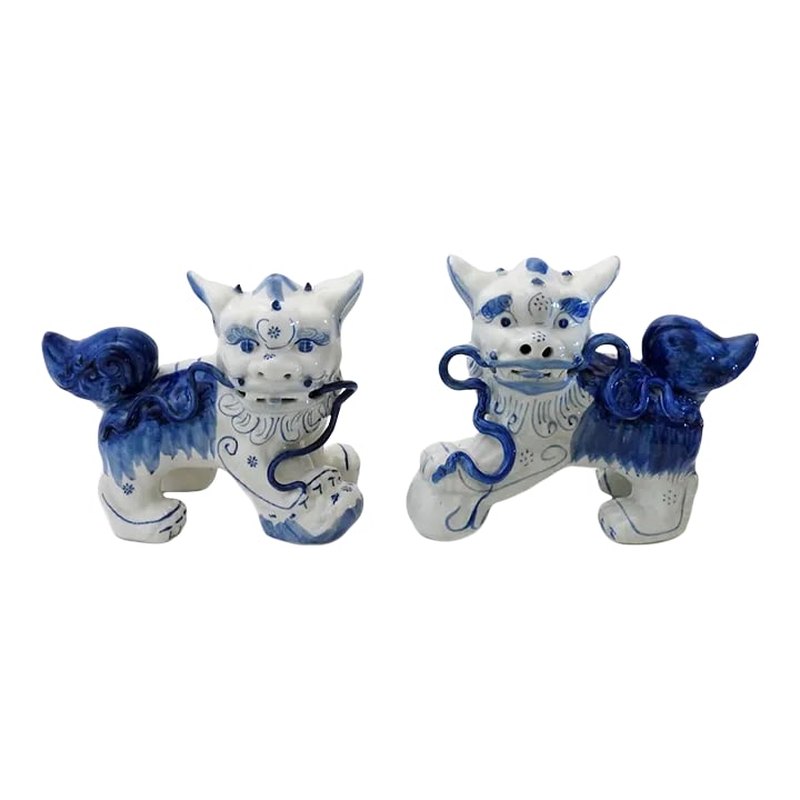 1950s Japanese Ceramic Foo Dog Temple Lion Figurines Hand-Painted - Set of 2 (1 of 12)
