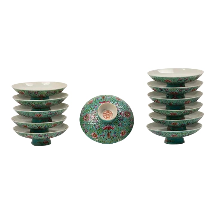 Early 20th Century Chinese Famille Rose Porcelain Lids or Shallow Bowls - Set of 12: Turquoise ground, signed, early 20th c. Chip and hairline crack on separate pieces. Condition: Alterations: Unknown Imperfections: Some Imperfections Condition Notes: Chip and hairline crack on separa