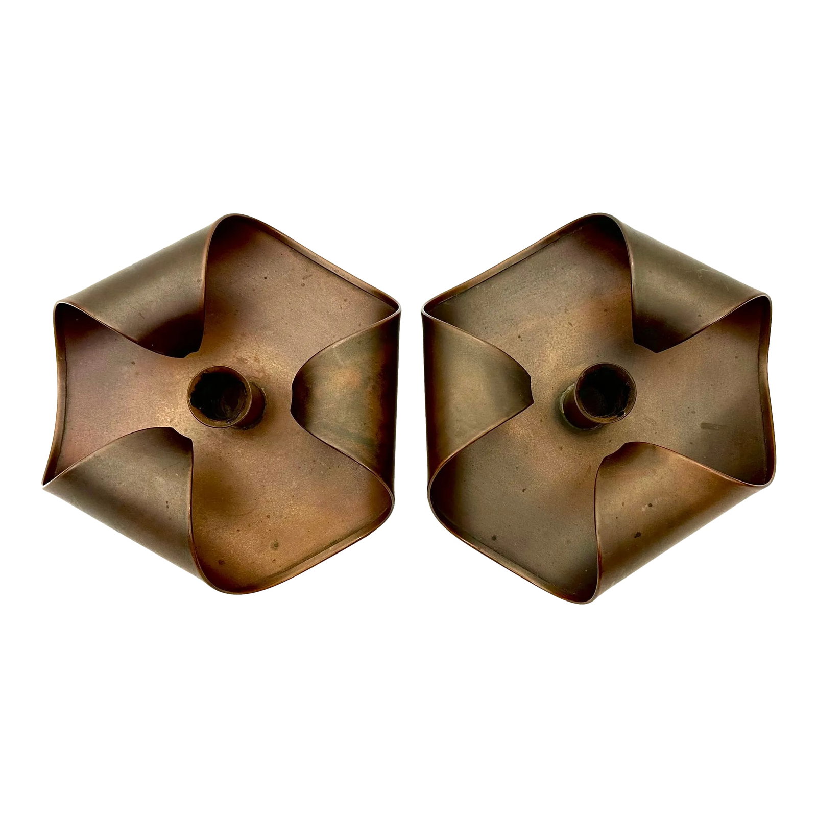 1960s Arts and Craft Revival Kopper Krafters of Hyannis Cape Cod Candlestick Holders - a Pair: This pair of handmade copper candlestick holders were part of the mid-century Arts and Crafts Revival Movement. The design is striking, unique -bold and strong in their simplicity. They were made in H