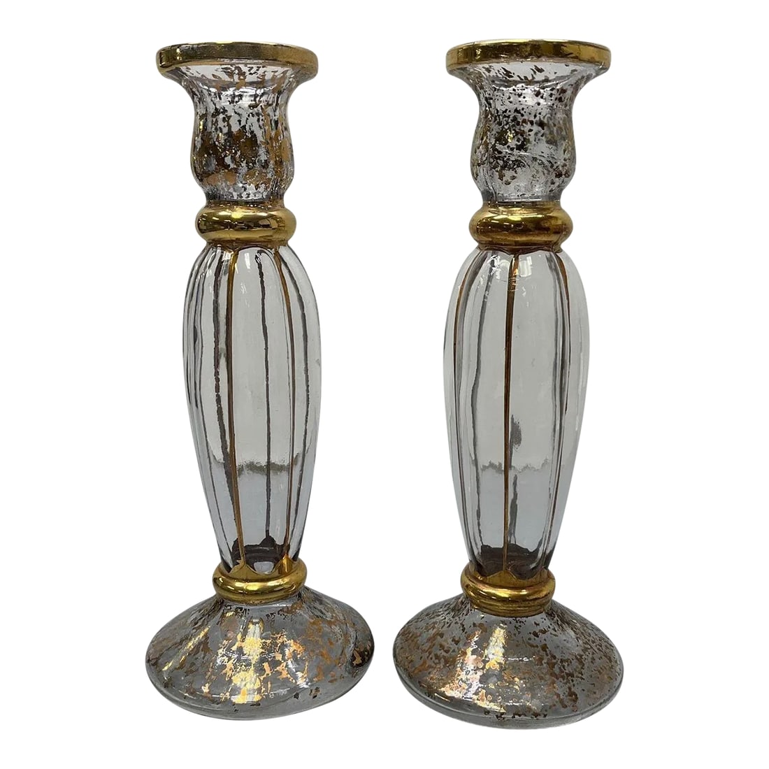 Pair of Vintage Cristallerie Italian Candle Holders Made of Hand Blown Art Glass With Gold Leaf: These Murano style candle holders were made in Italy by Cristallerie. There is a stamp on the bottom. The glass has gold flakes inside it, as well as gold trimmed regions. They are 9" tall, the base i