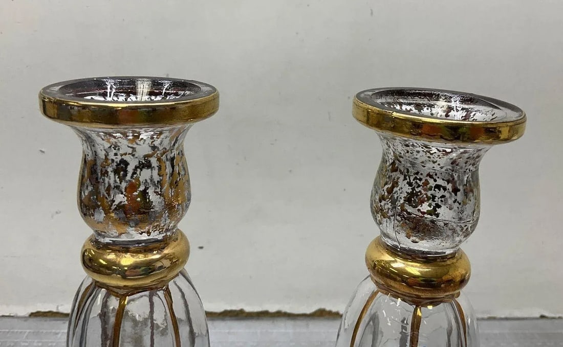 Pair of Vintage Cristallerie Italian Candle Holders Made of Hand Blown Art Glass With Gold Leaf - 2
