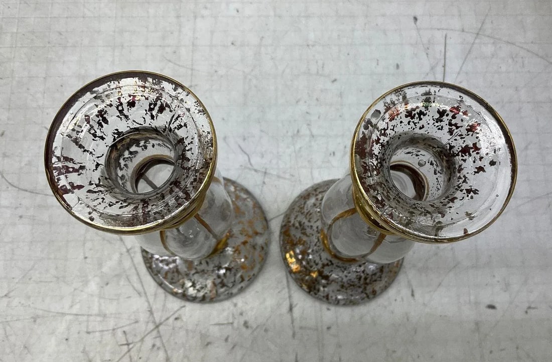 Pair of Vintage Cristallerie Italian Candle Holders Made of Hand Blown Art Glass With Gold Leaf - 4