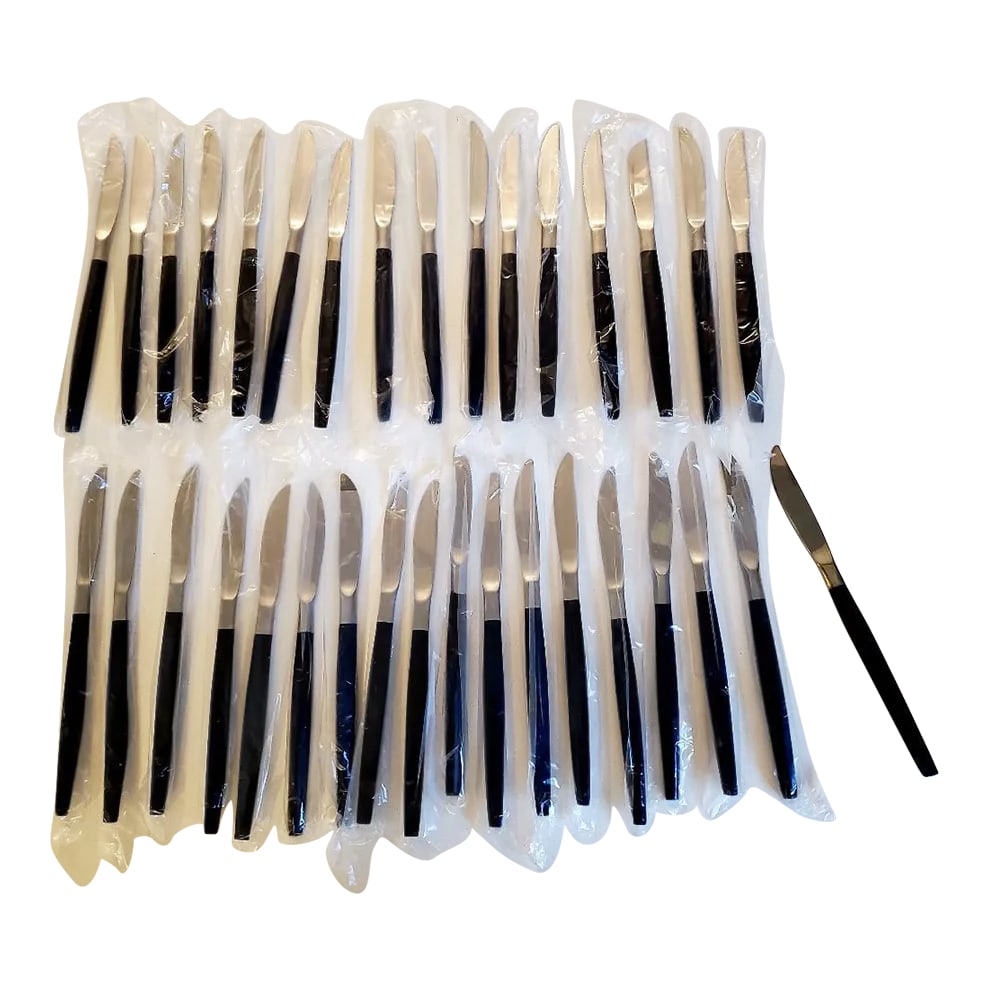 Set of 34 Mid-Century Modern Stainless Brunch Knives: Fabulous vintage set of 34 gleaming stainless knives In new and excellent condition. Perfect to host brunch, luncheon or light dinner. Never used and still in protective sleeves. Classic,