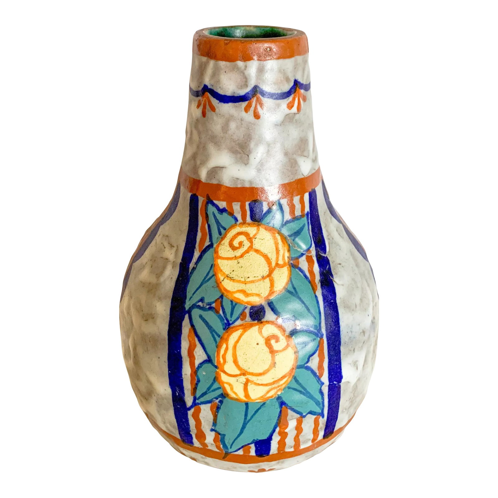 1920s French Art Nouveau Polychrome Pottery Vase by Louis Dage, Signed: An incredibly lovely 1920s Art Nouveau Signed polychrome sandstone pottery vase by famed artist Louis Auguste Dage, made in Paris, France. Signature teal interior glaze, with gray mottled matte glaze
