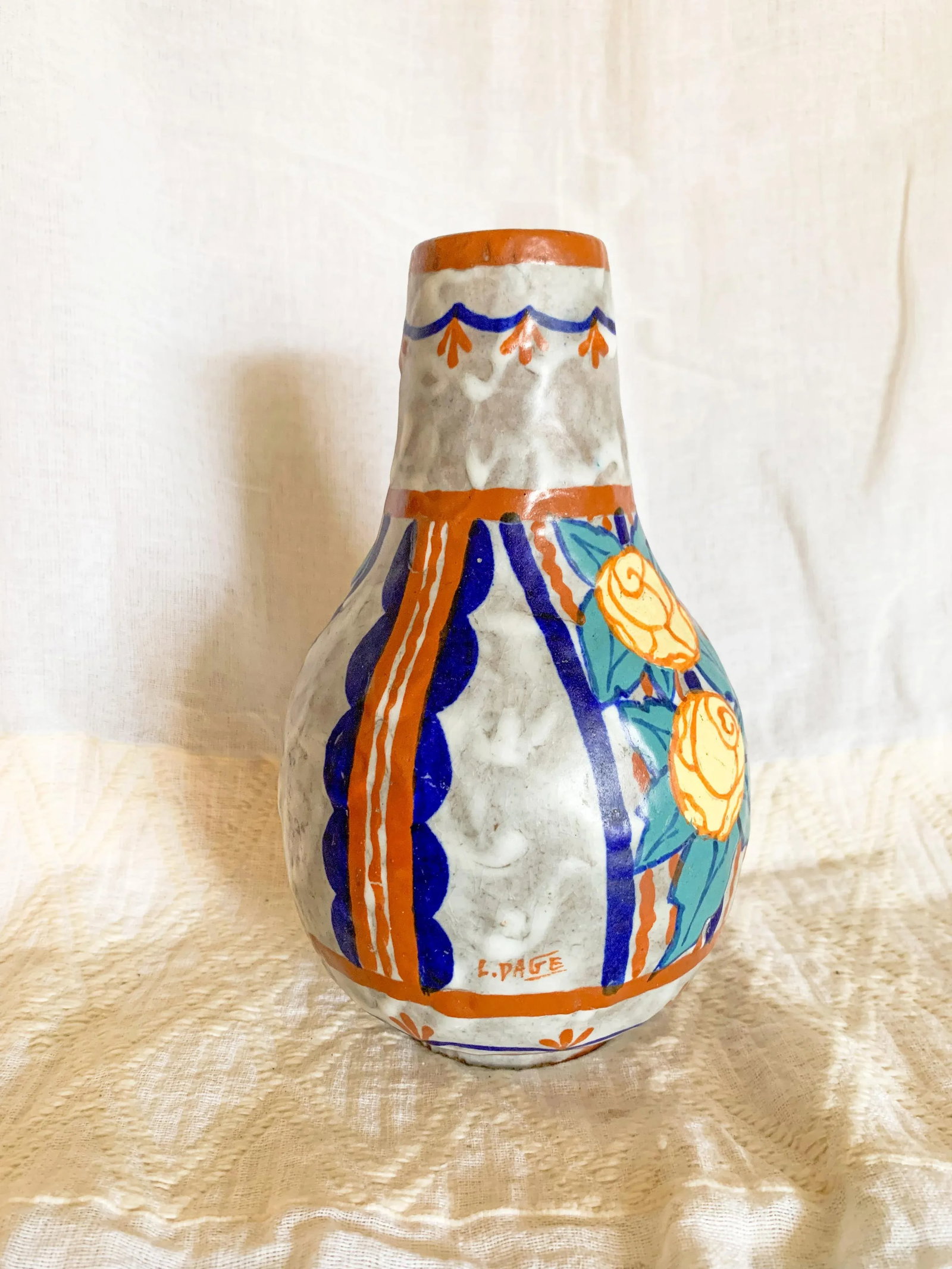 1920s French Art Nouveau Polychrome Pottery Vase by Louis Dage, Signed - 4