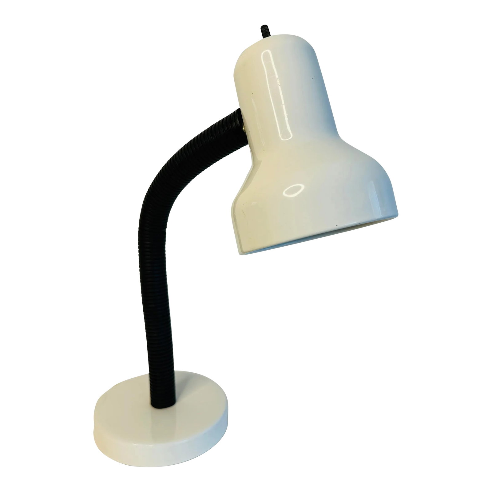 Vintage 1970s White Metal Adjustable Desk Lamp: Vintage 1970s white metal adjustable desk lamp. The lamp has a black plastic adjustable covering. Wired for the US and in working condition. The lamp uses a standard 60 watt bulb. No marks. Condition: