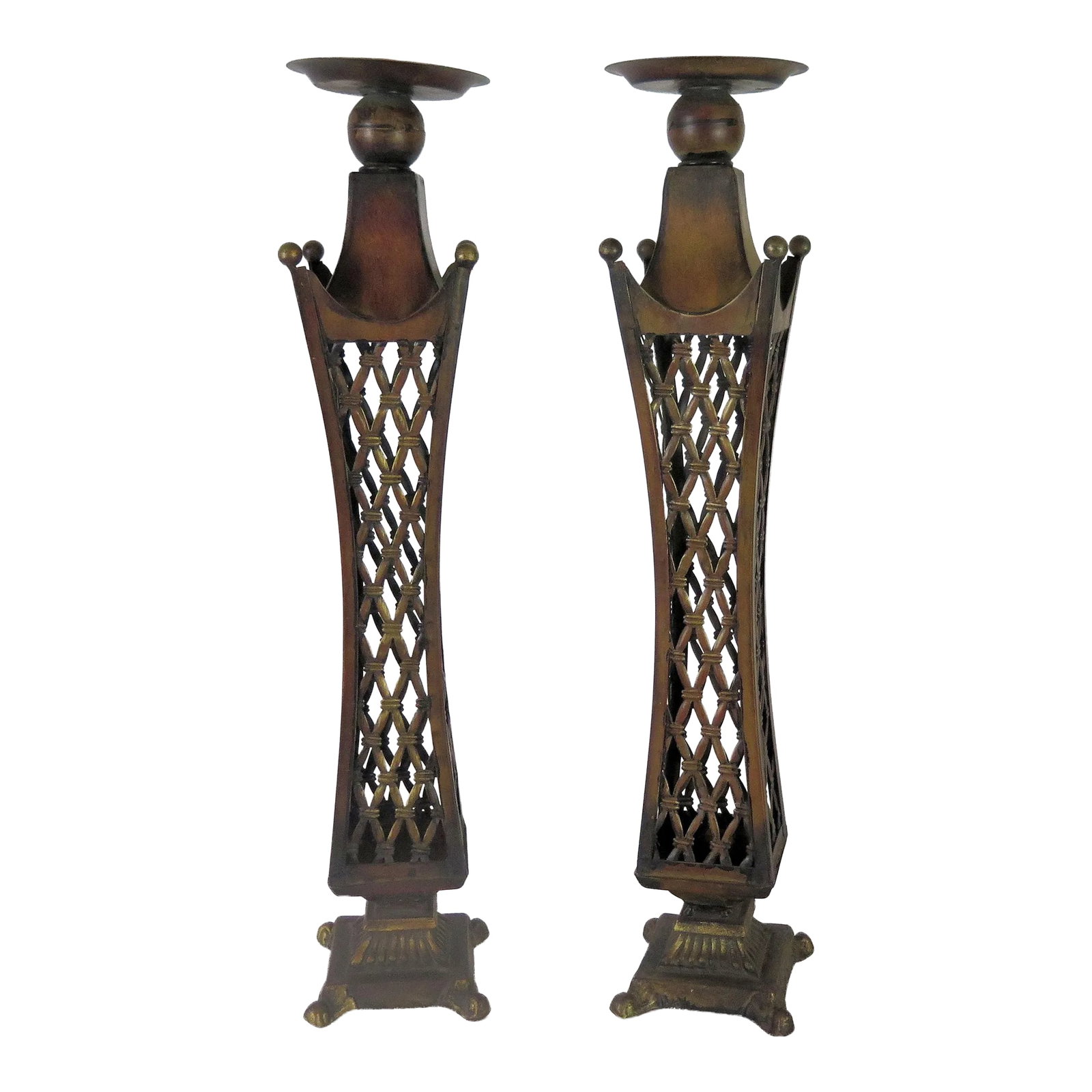 25" Mid Century Asian Style Metal Candle Holders/A Pair: These 1960s Art Deco style candle holders have a similar design to the world famous Grauman's Chinese Theatre architecture that's on Hollywood Boulevard in Hollywood California. The sleek Deco crown