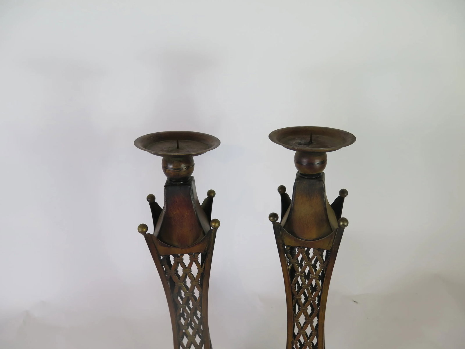25" Mid Century Asian Style Metal Candle Holders/A Pair - 2