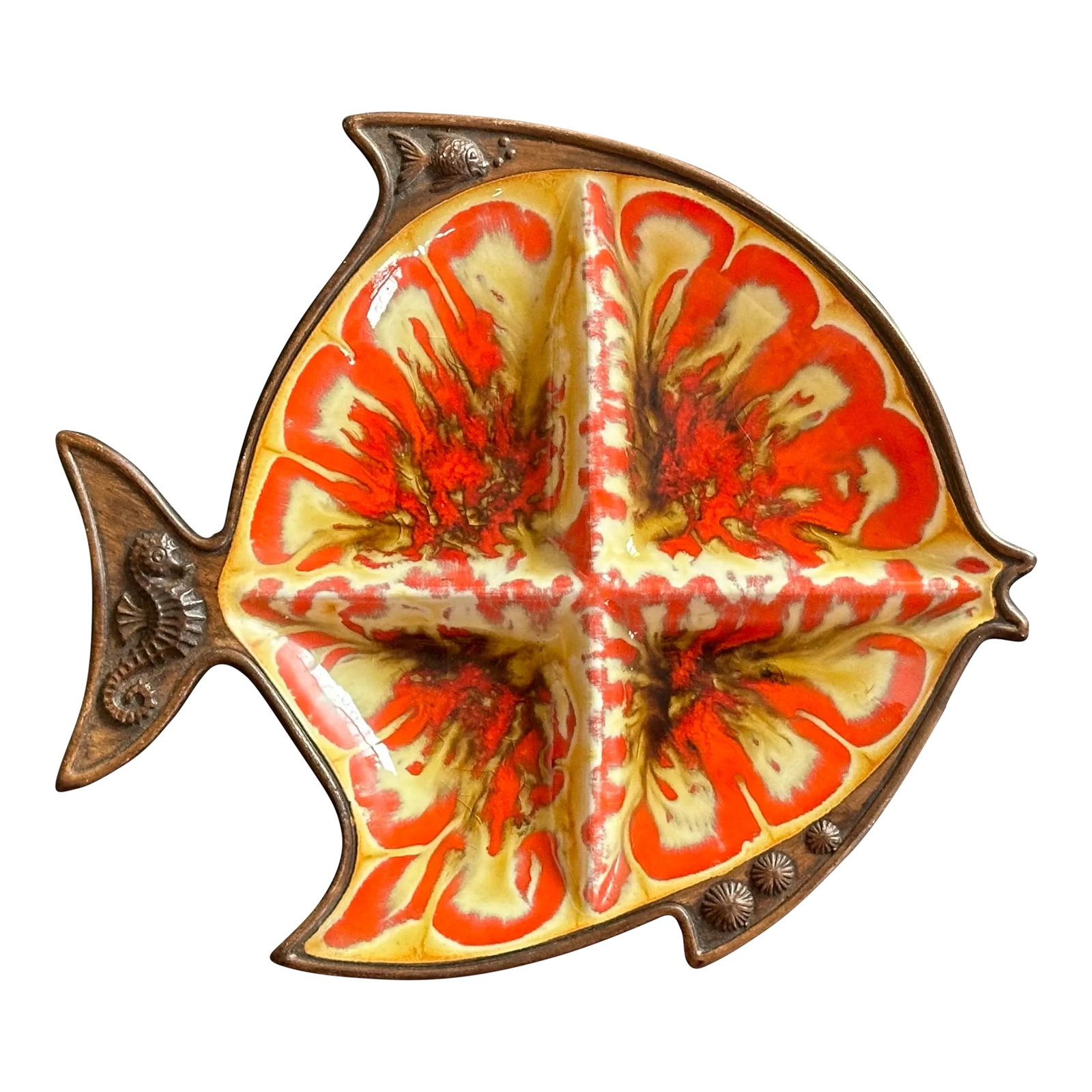 Mid Century California Pottery Decorative Fish Serving Dish: This 1960s Treasure Craft California pottery fish bowl is a groovy and retro tidbit serving tray. Perfect for a beach house, the divided serving dish has four compartments. Fill each section with trea