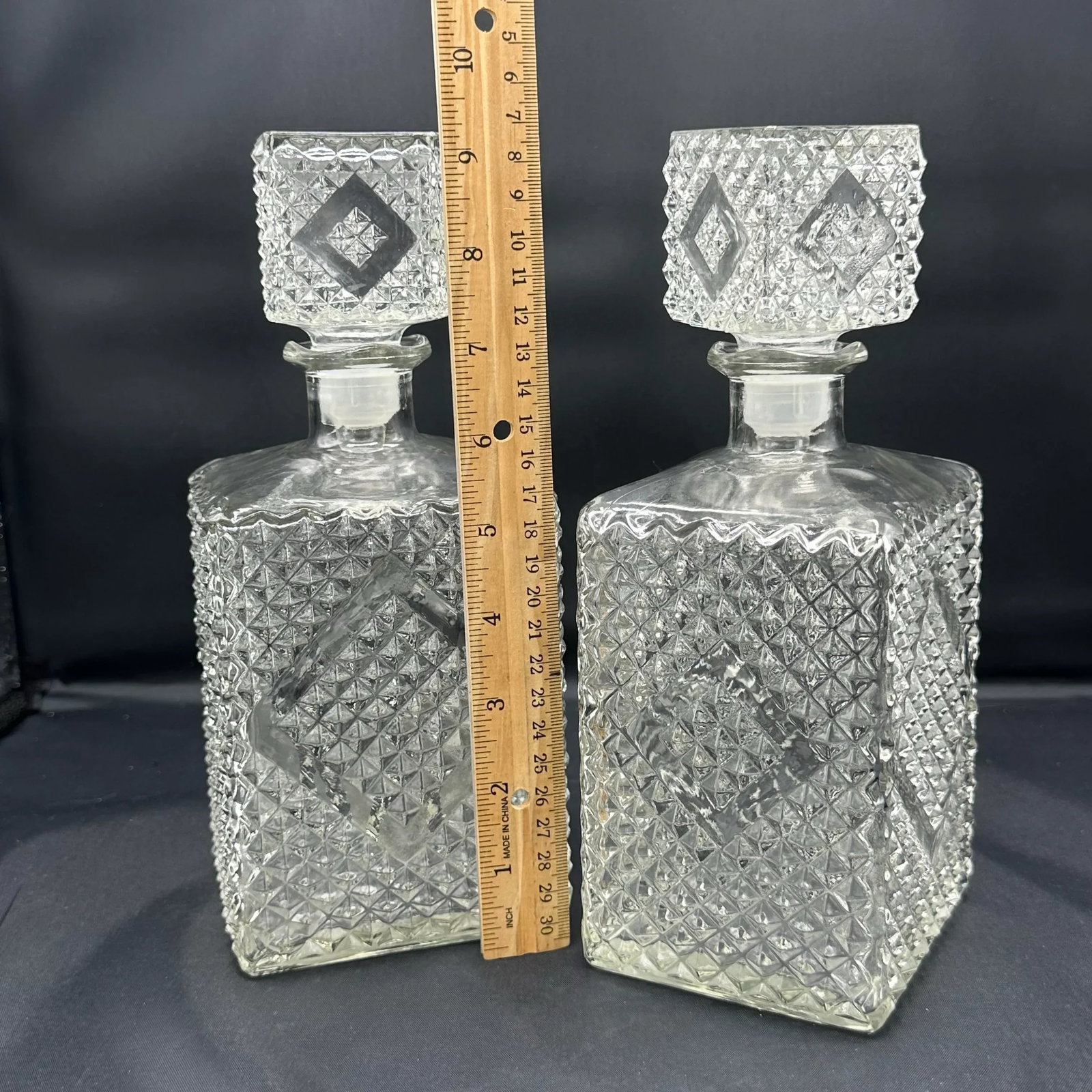Vintage 1960s Diamond Accented Glass Decanters, Pair - 2