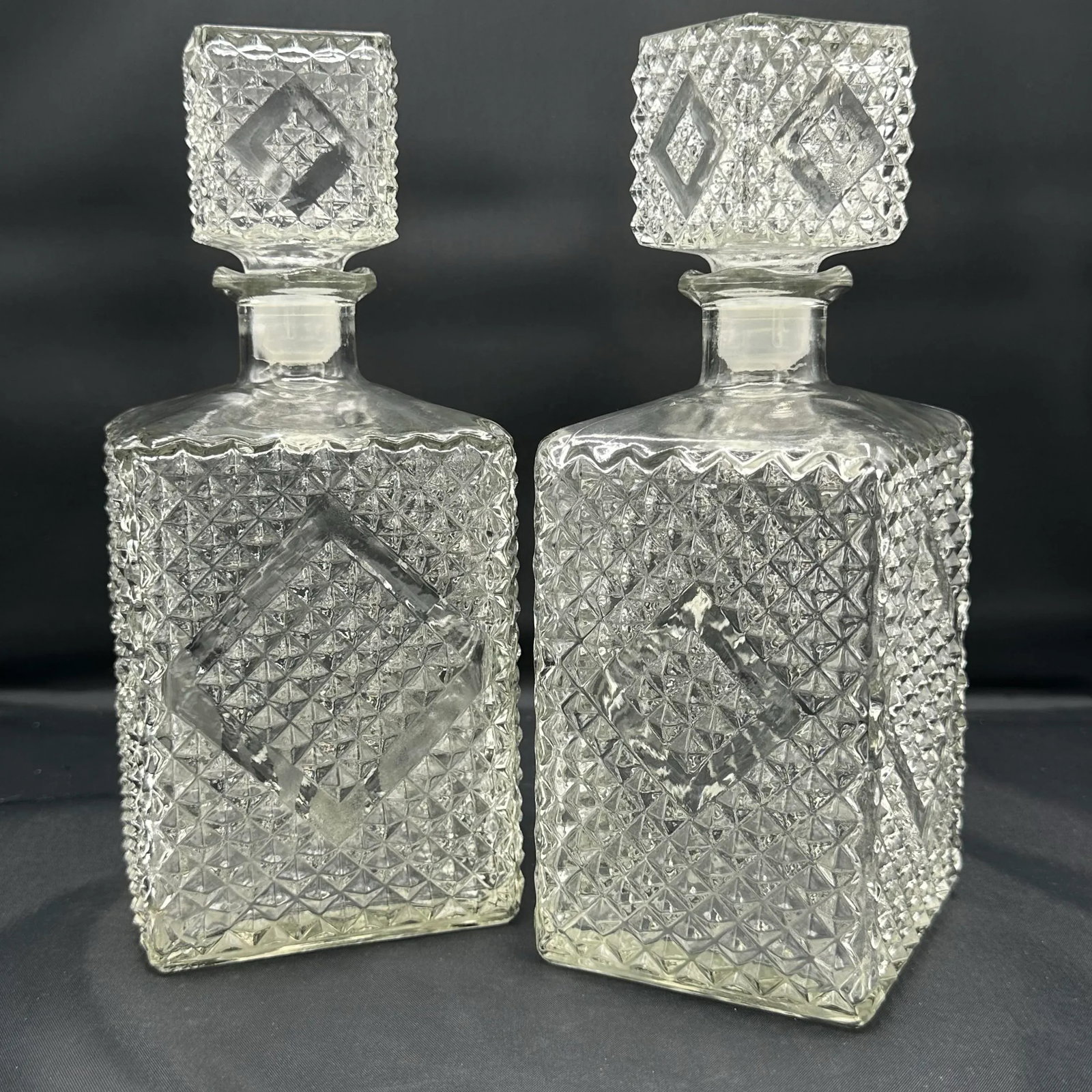 Vintage 1960s Diamond Accented Glass Decanters, Pair - 3