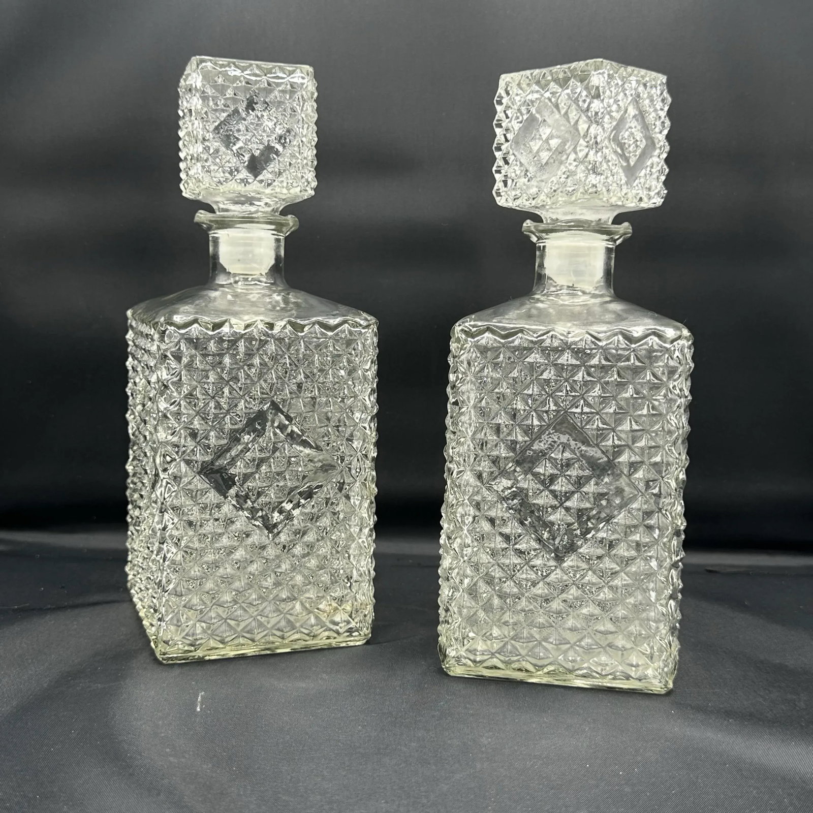 Vintage 1960s Diamond Accented Glass Decanters, Pair - 6