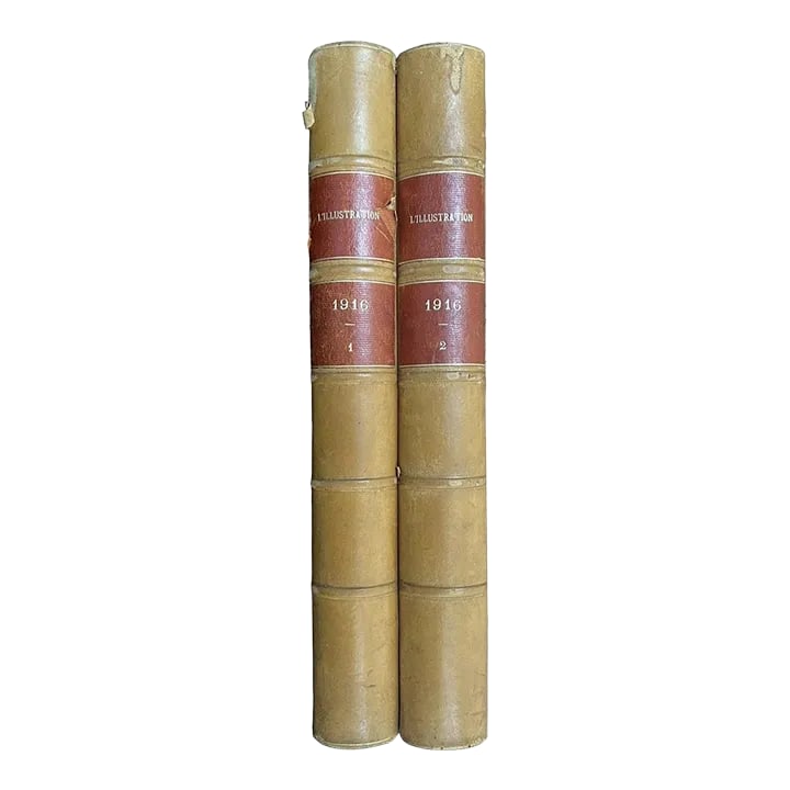 Antique French World War Books, L'illustration 1916 Volumes 1 & 2: French Antique Books | L'illustration 1916 Volumes 1 & 2 | World War I Condition: Alterations: Original Condition Unaltered Imperfections: Needs Restoration Condition Notes: Worn covers, pages in