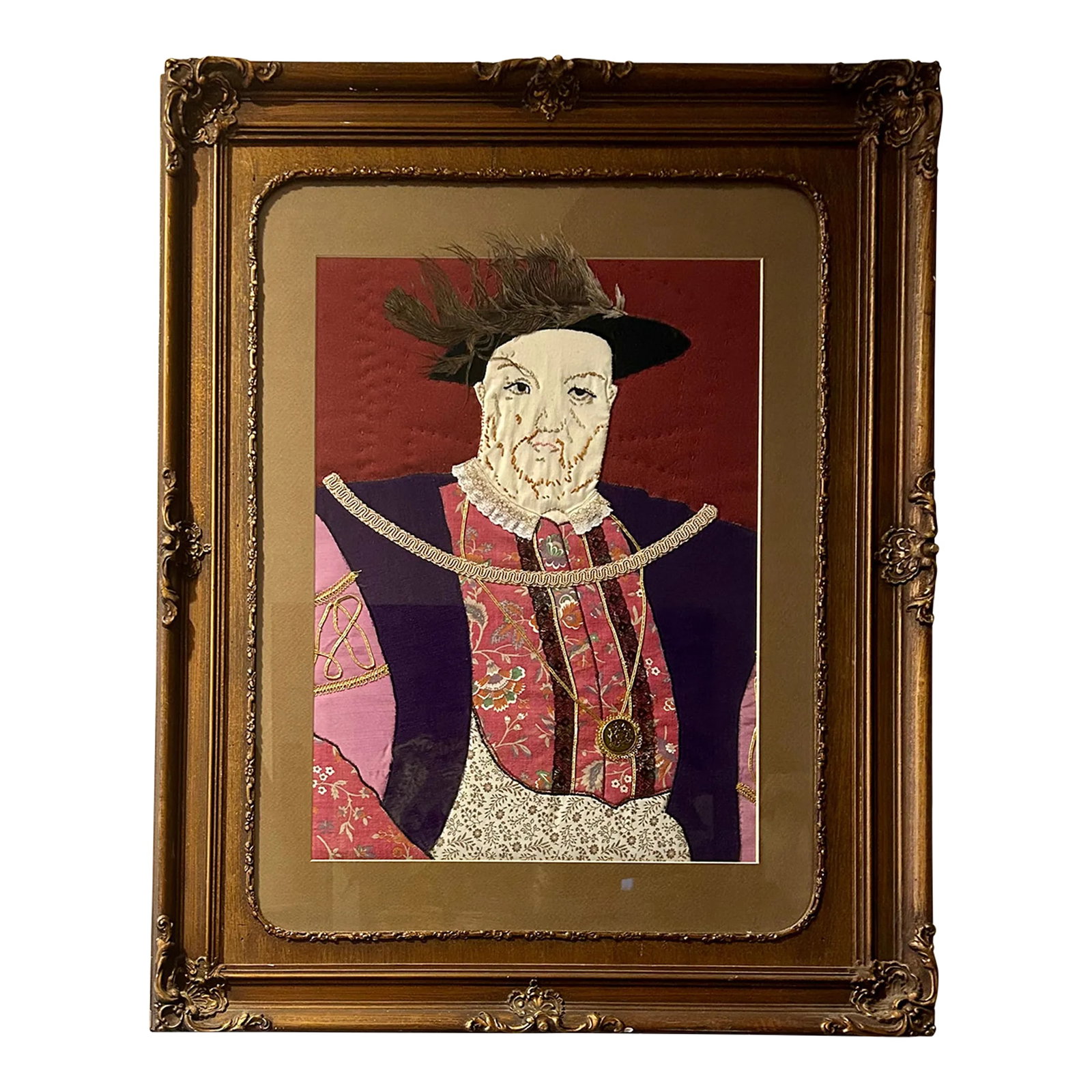 Vintage Folk Art Edwardian Gentleman Textile Portrait: This truly unique portrait . Layers of silk, gold brocade, feathers, felt, and stitching create this striking textile portrait of an Edwardian gentleman. Framed in an ornate baroque gilded frame with 