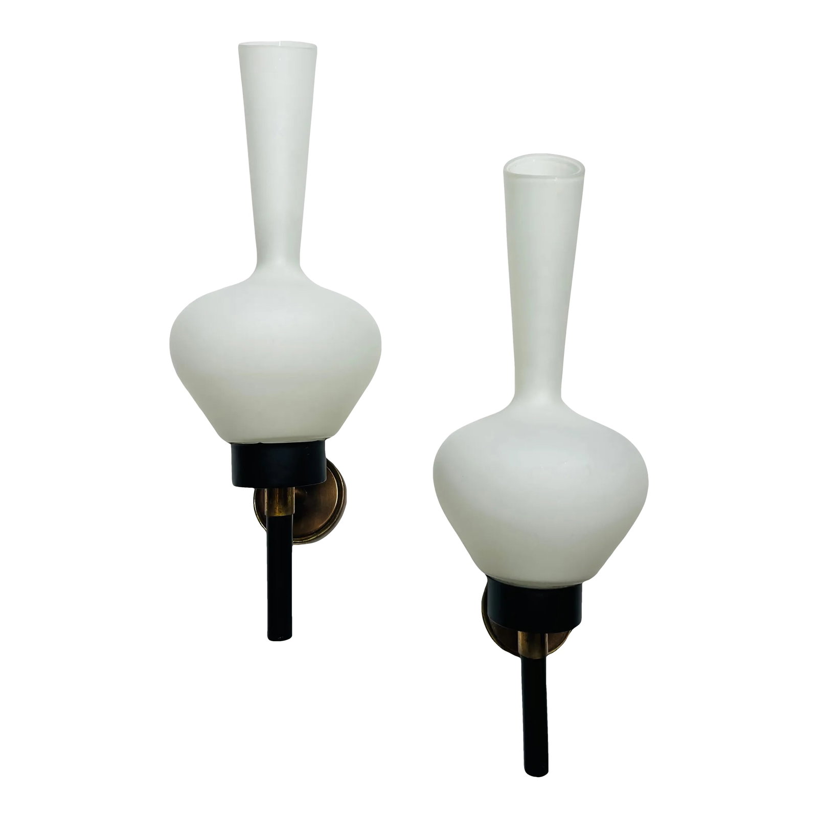 Large Grand French 1950s Mid Century Wall Lamps - A Pair: A beautiful large pair of 1950s French wall lights with white elongated glass shades and black enamel and aged brass fixtures. Matching 5" back plates provided. Rewired.Rare.. 7" depth with added Amer