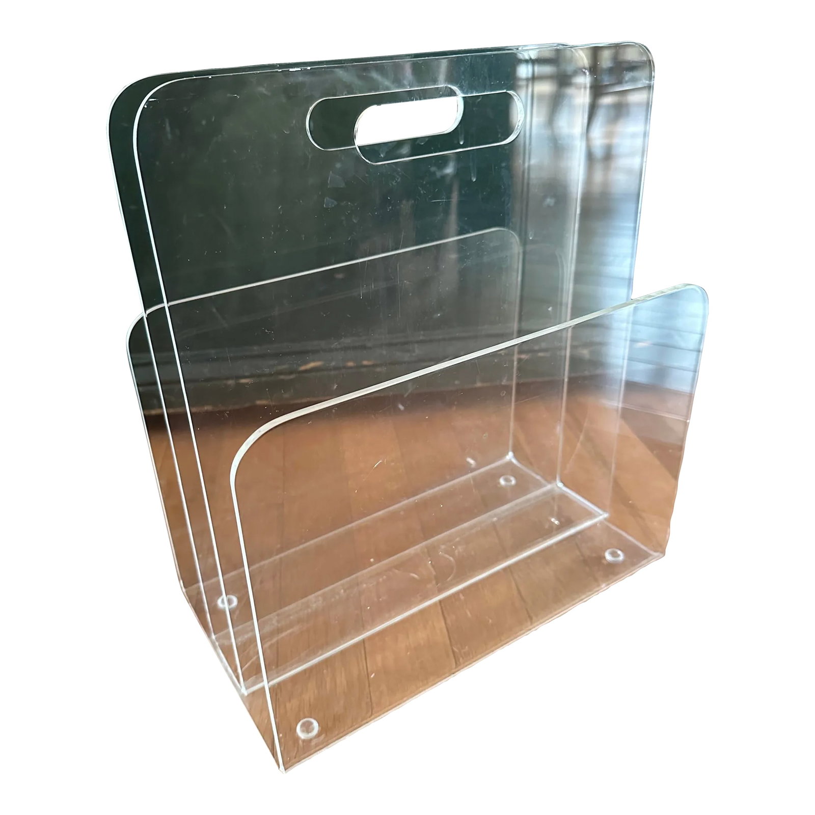 Vintage Mid Century Modern Lucite Magazine Rack: With its clean lines, this vintage mid-century modern Lucite magazine rack is perfect for a variety home styles. Very sturdy with some scratches and other markings. I think a majority of the markings 