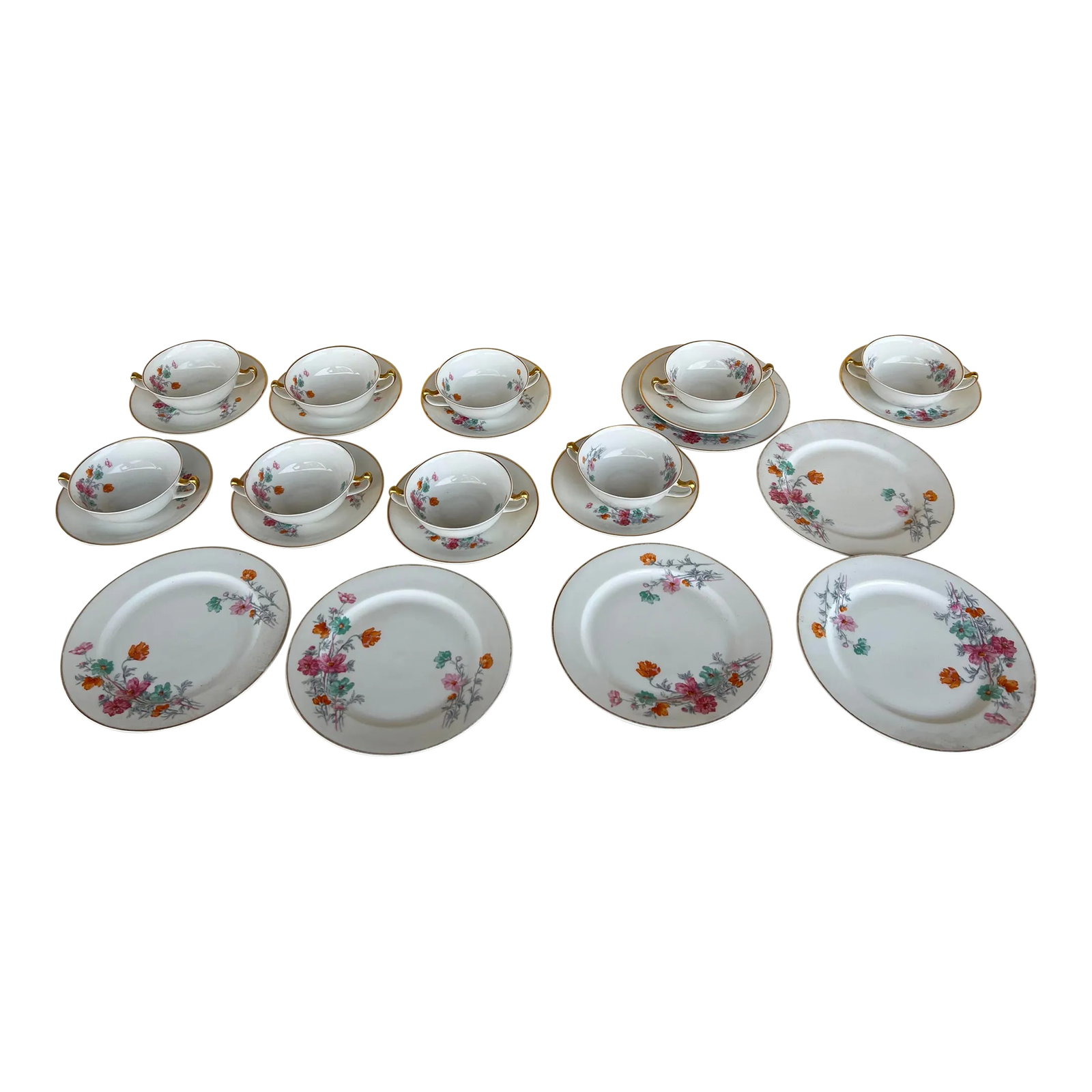 1920s Soup/Bouillon Bowl ,Saucer & Plate Set 24 Pieces: 1920s Limoges Vignaud France Set of dishes. Beautiful white with pink, orange and green flowers with Gray foliage. Trimmed in Gold. 9 footed 2 handle soup bowls with matching saucers. 6 Plates could