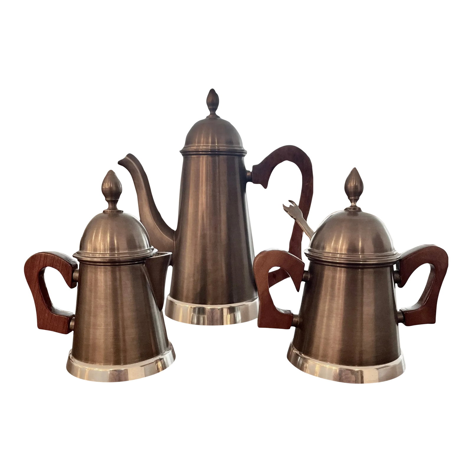 1990s Brazilian Coffee/Tea Pot With Cream and Sugar - Set of 4: Rare find! Vintage pewter coffee / tea set from Minas Gerais Provence in Brazil with solid wood, delicately carved handles. The set is stamped GMW X MG displaying the excellence of the pieces. Some