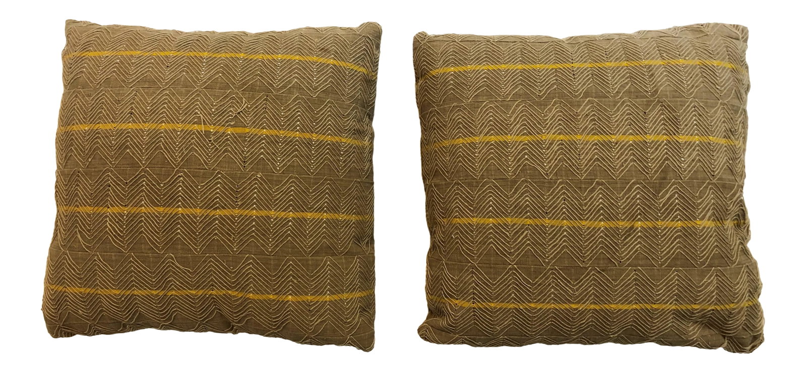 Beige Textured Pillows in Vintage African Textile, Pair: Incredible texture on these pillows made from heavy cotton by the Yoruban tribe of Nigeria. Down/feather pillow fill. Condition: Alterations: Original Design Modified Imperfections: Some Imperfections