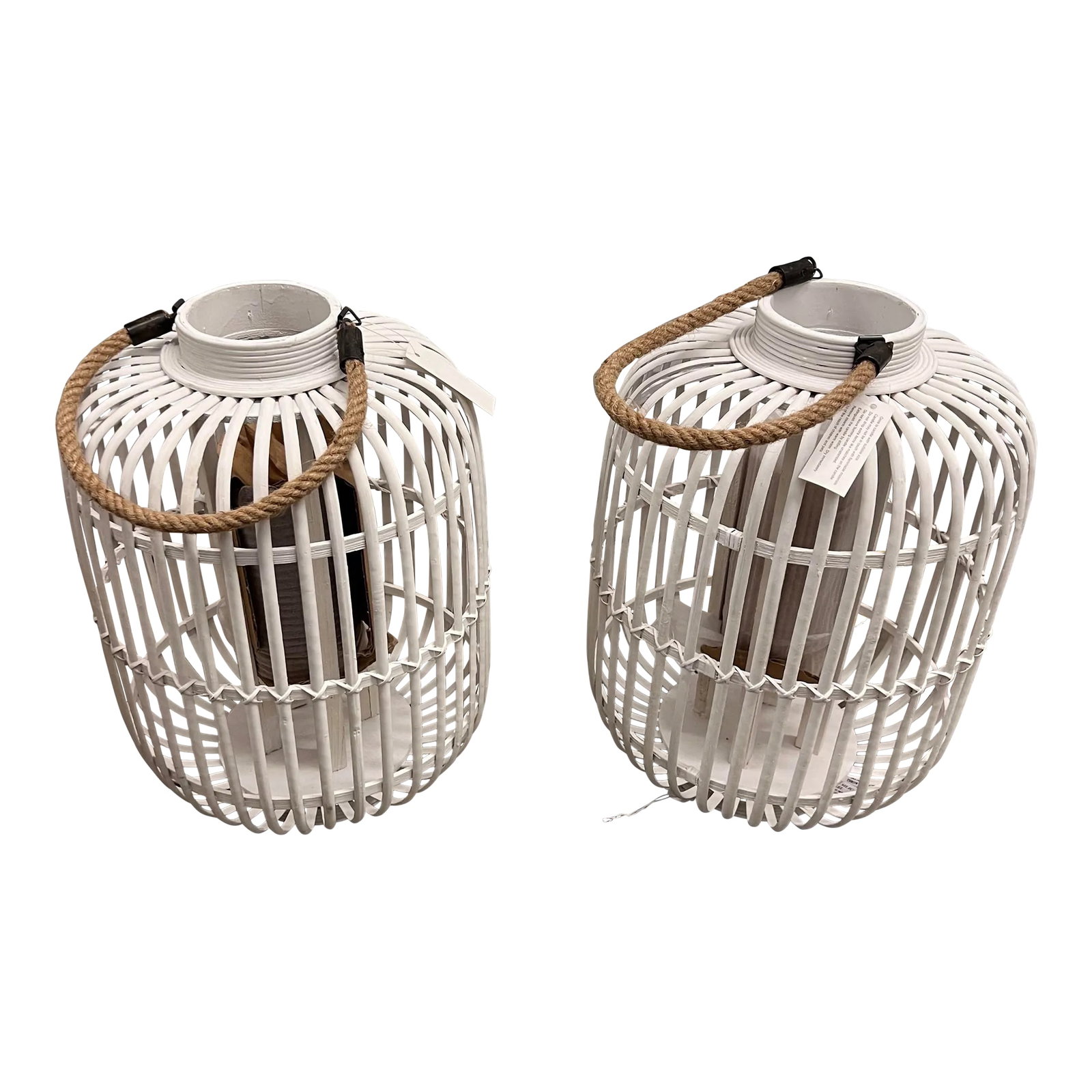 Sarreid White Rattan Lanterns - Set of 2: Oversized Rattan hurricane lanterns. Perfect for a casual indoor space or a sun room. white rattan and rope handles. Condition: Imperfections: No Imperfections Condition Notes: perfect condition no