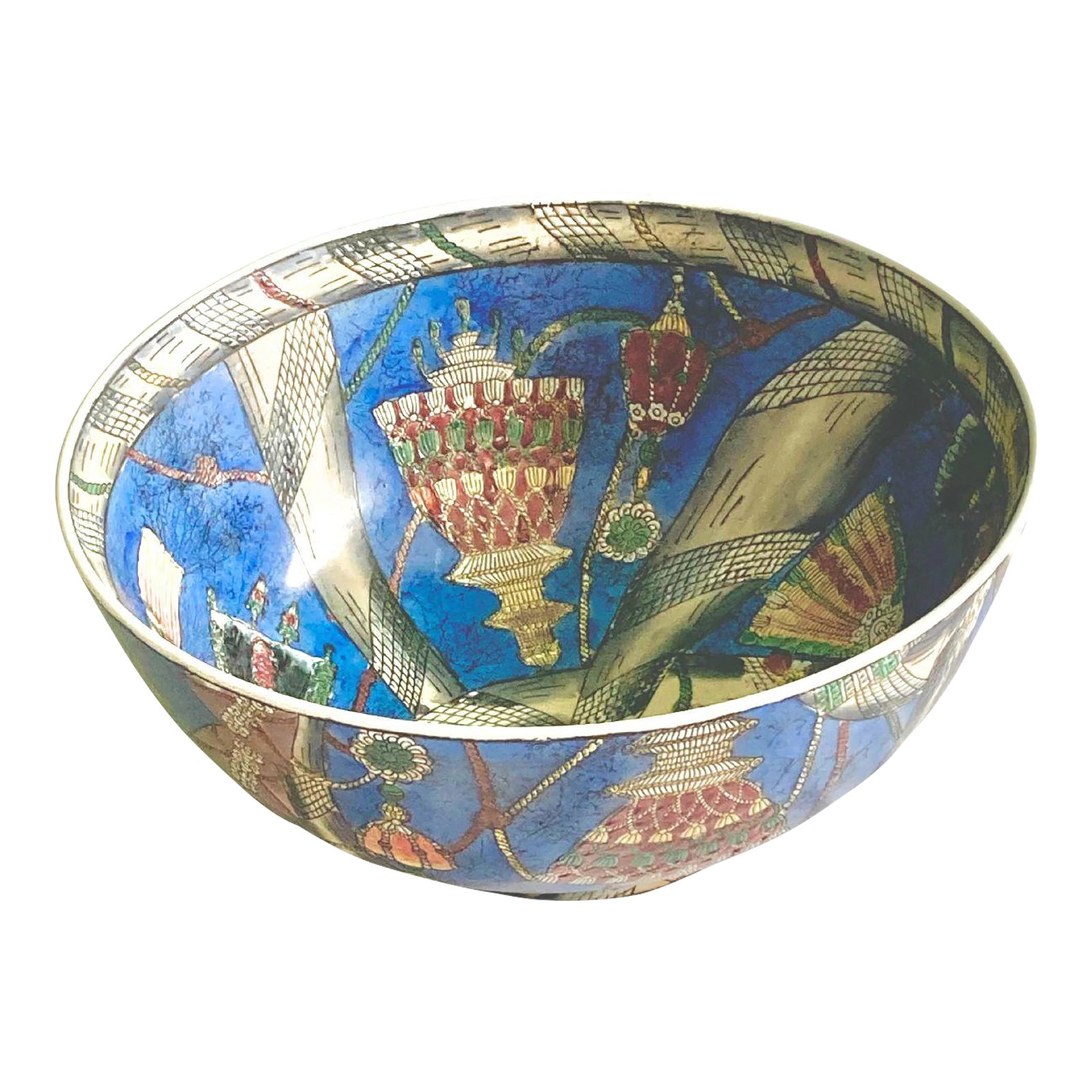 1950s Blue Ceramic Decorative Bowl: RARE! Excellent Condition - Blue Antique Ceramic Bowl. Colors: Blue, off-white, gray, black, mauve, green. Drawings/engravings/etchings of ropes and tassels. Marine motif. Excellent antique