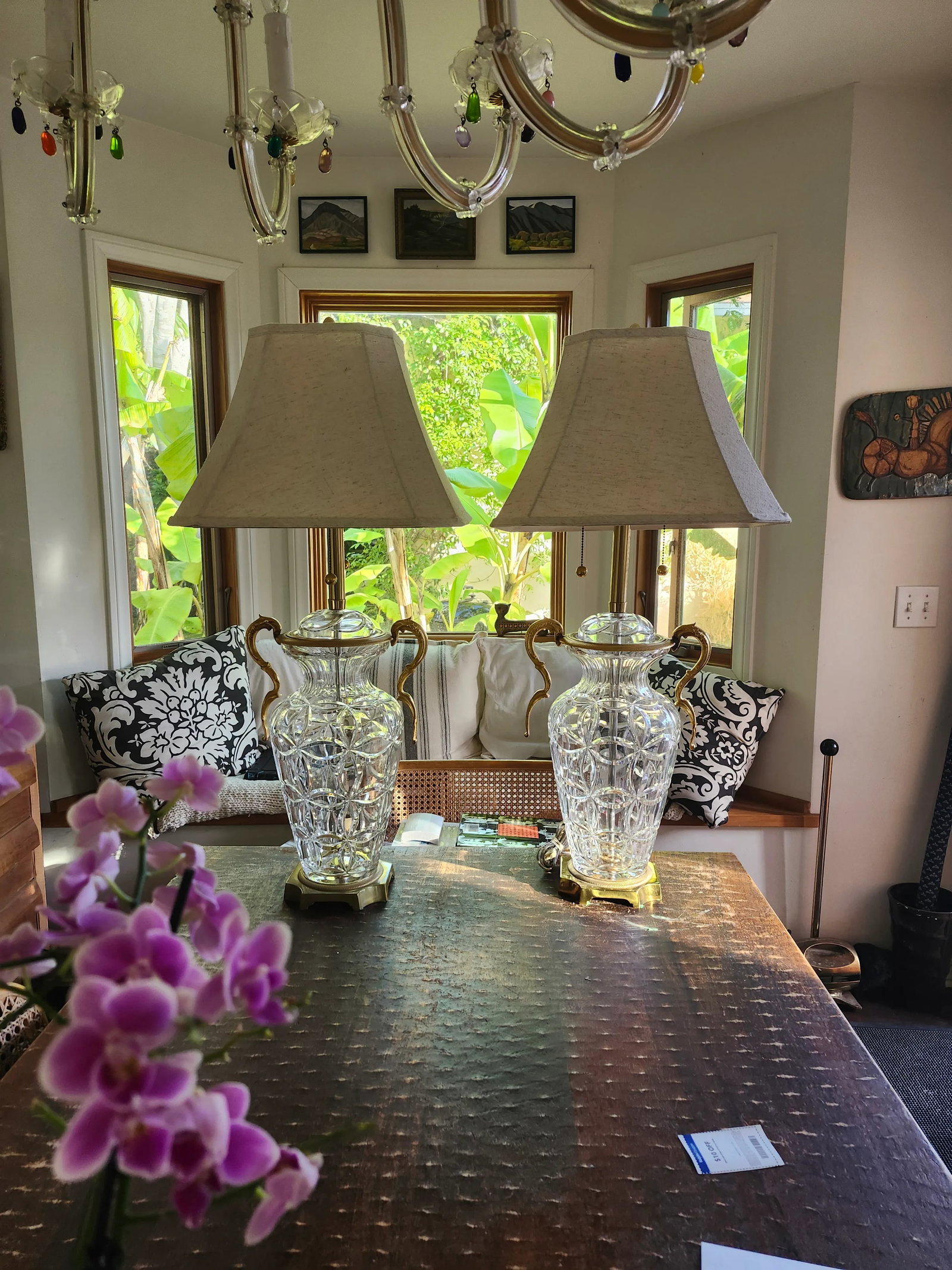Vintage Hollywood Regency Style Marbro Table Lamp Brass and Mario Benito Crystal Base -A Pair - 12