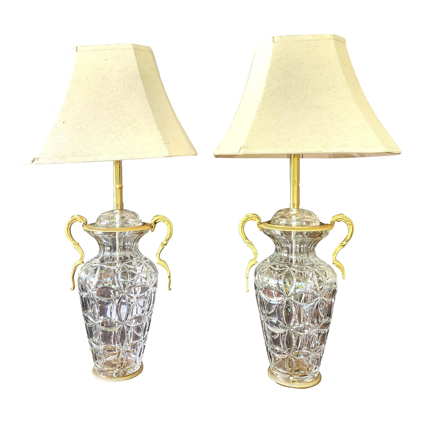 Vintage Hollywood Regency Style Marbro Table Lamp Brass and Mario Benito Crystal Base -A Pair: Add a touch of Hollywood Regency Style elegance to your space with these beautiful Marbro large table lamps. The lamps feature a stunning crystal base which were made by Mario Benito as etched on the 